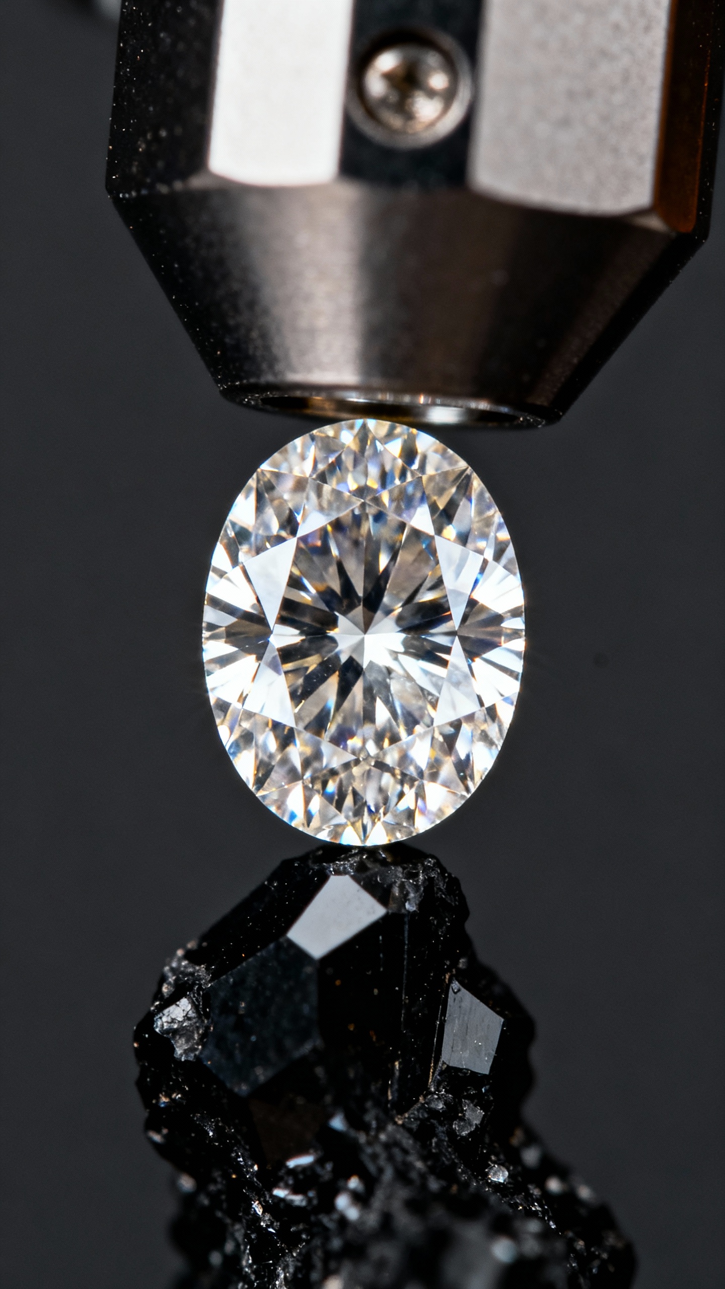 ASET/IdealScope tool over oval diamond, black crystal under table visible