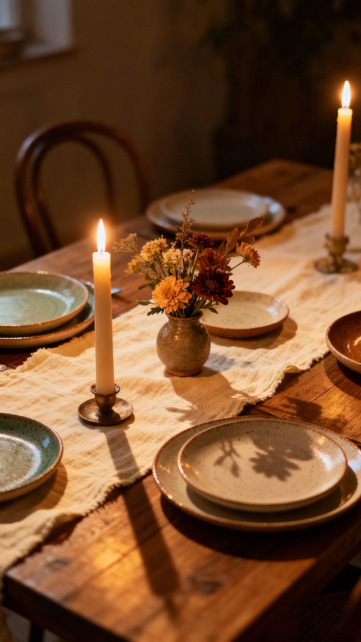 Candlelit tablescape, linen runner, mismatched ceramic plates, seasonal flowers