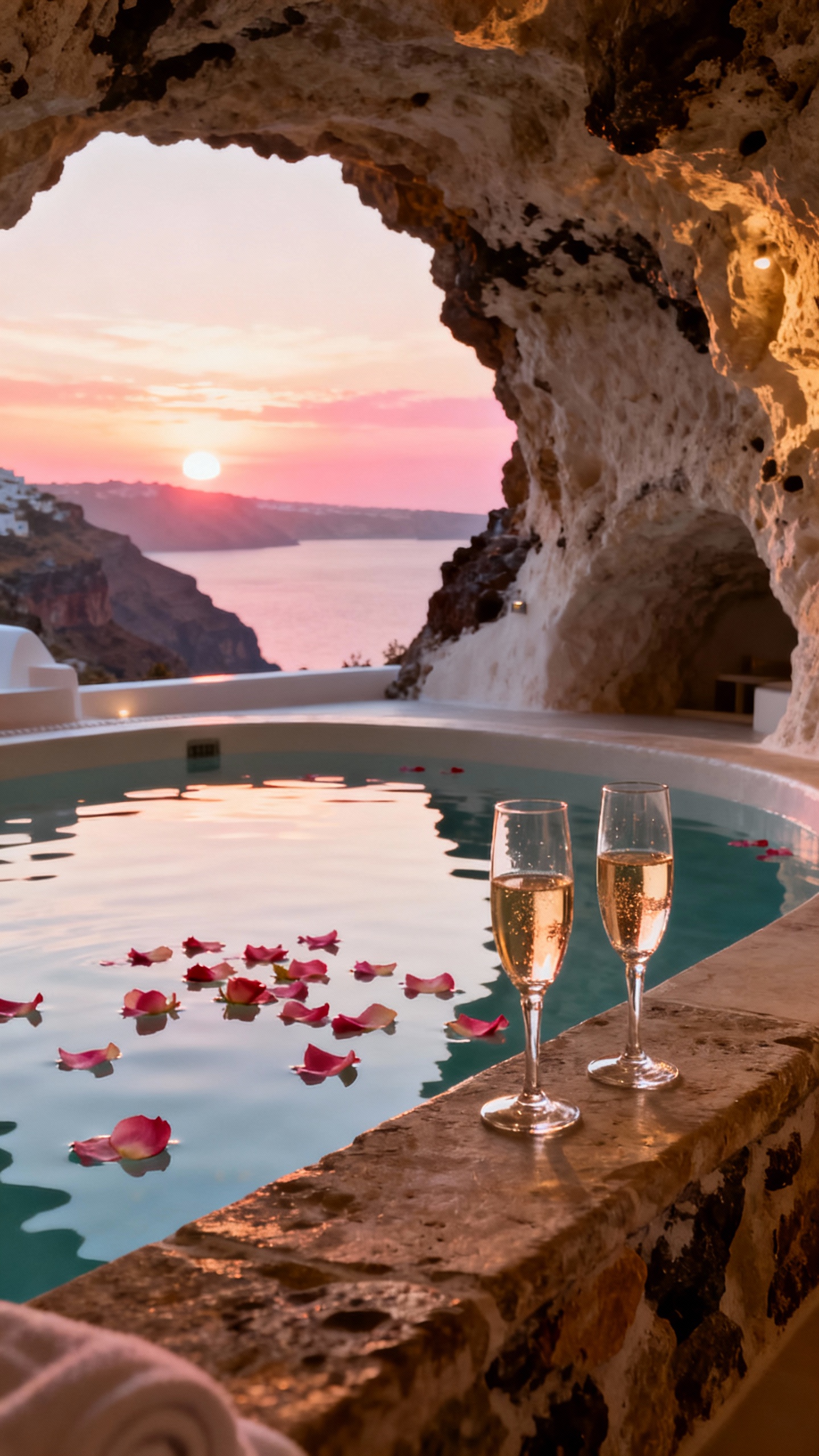 Cave suite plunge pool, Santorini caldera sunset, rose petals, two glasses on ledge