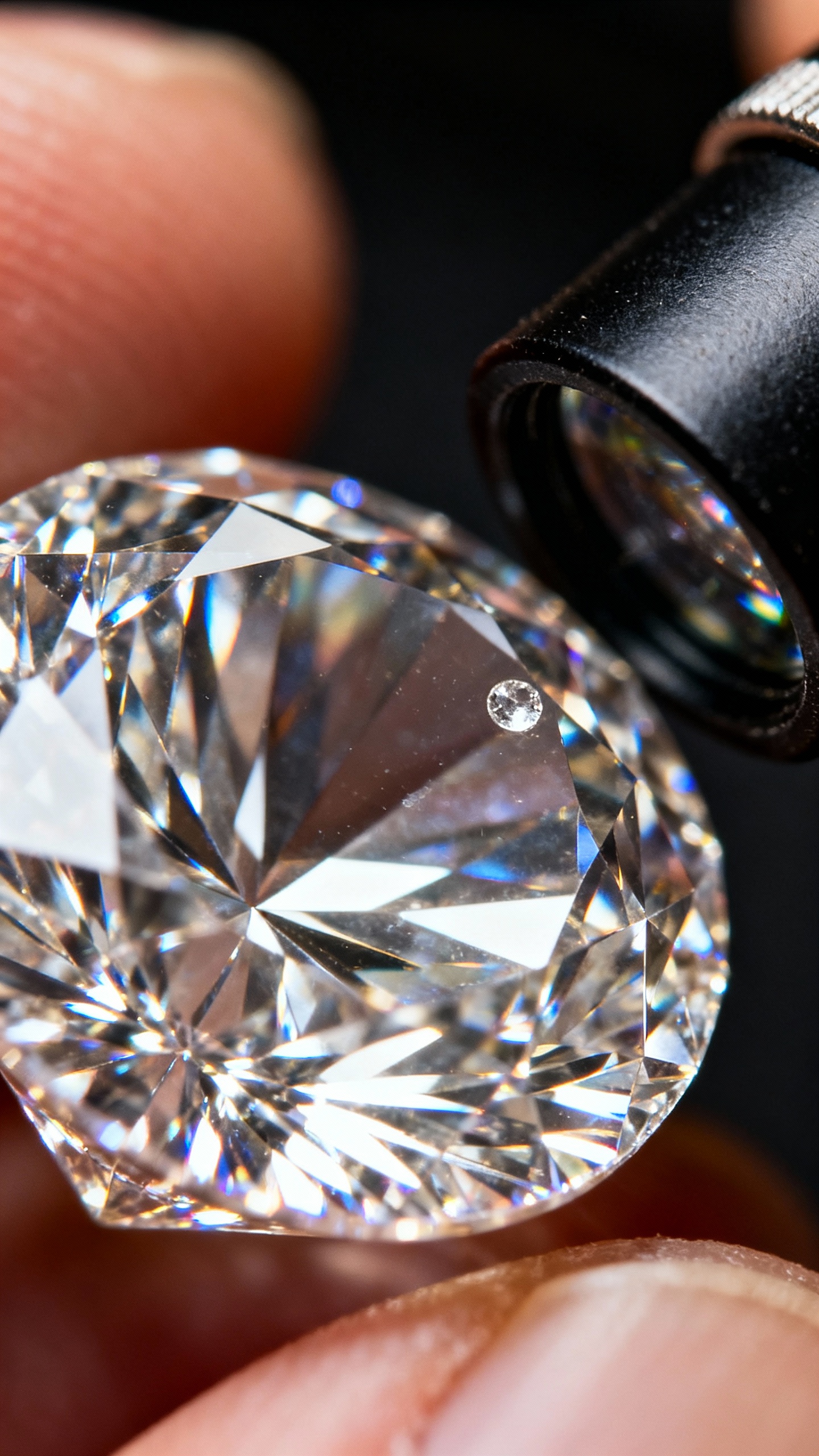 Closeup diamond under jeweler’s loupe, VS2 inclusion near girdle