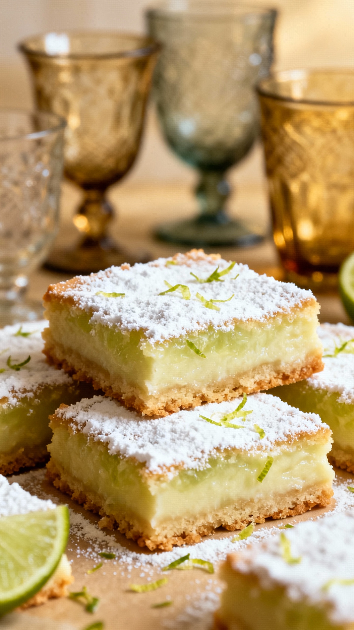 Closeup key lime bars with powdered sugar, lime zest, vintage mismatched glassware in background