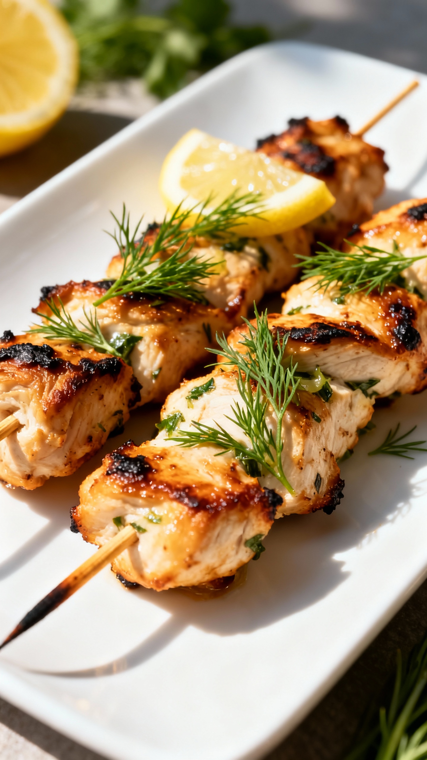 Closeup lemon-herb chicken skewers on white platter, dill, charred edges, sunny light