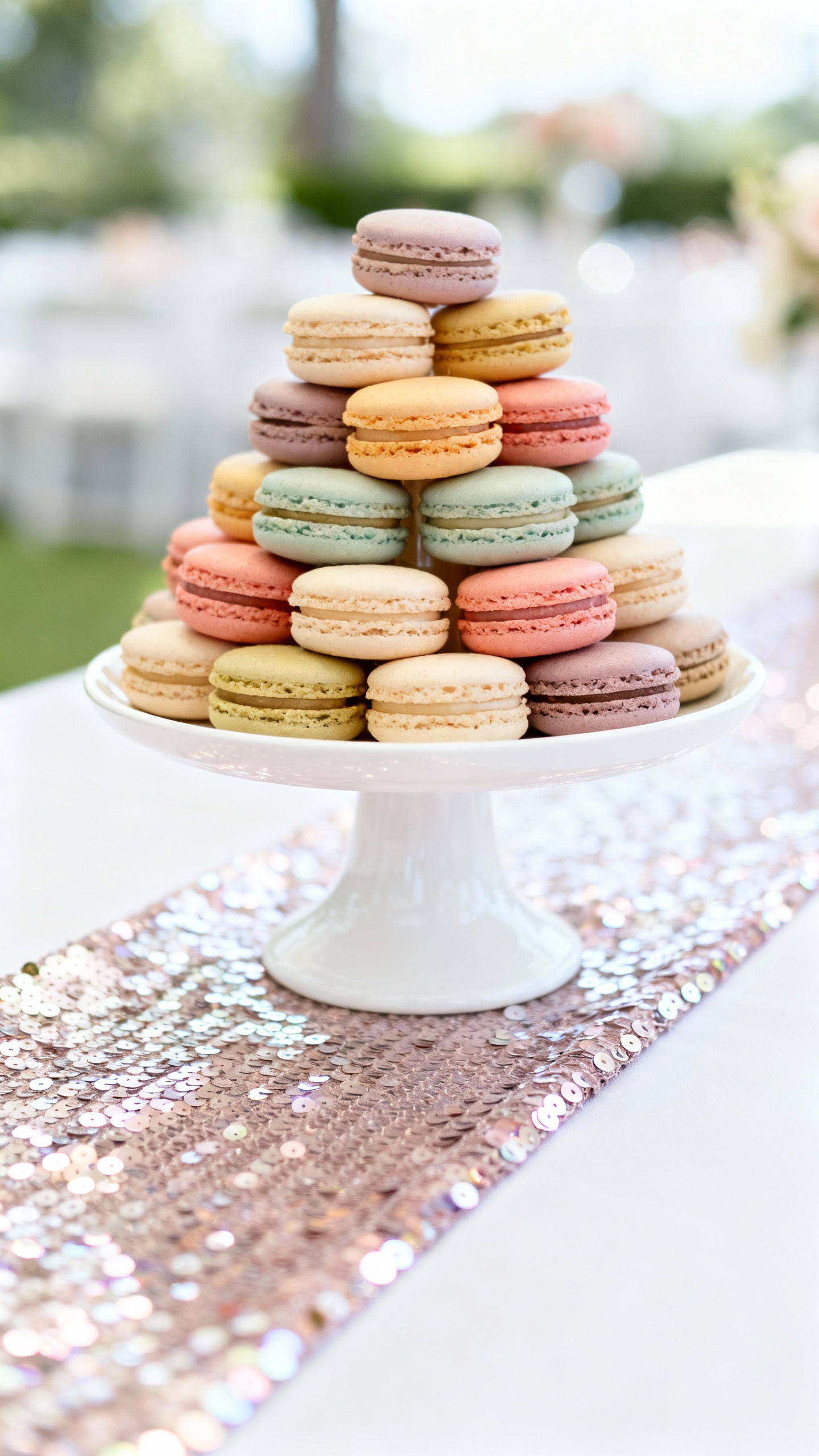 Closeup macaron tower on white cake stand, sequined runner