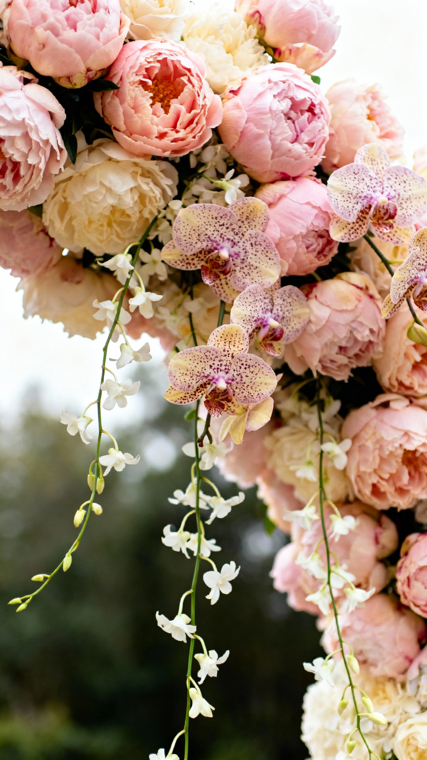 Closeup of asymmetrical floral arch with peonies, phalaenopsis orchids, cascading jasmine vine