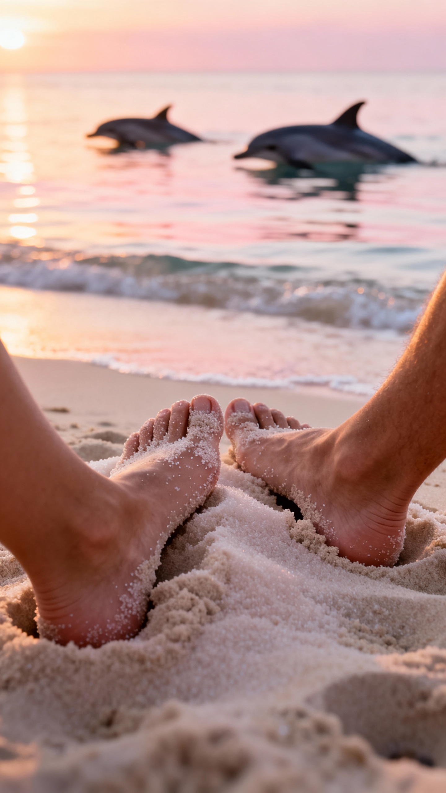 Closeup of barefoot couple’s toes in sugar-soft sand, dolphins distant, sunrise pastel water