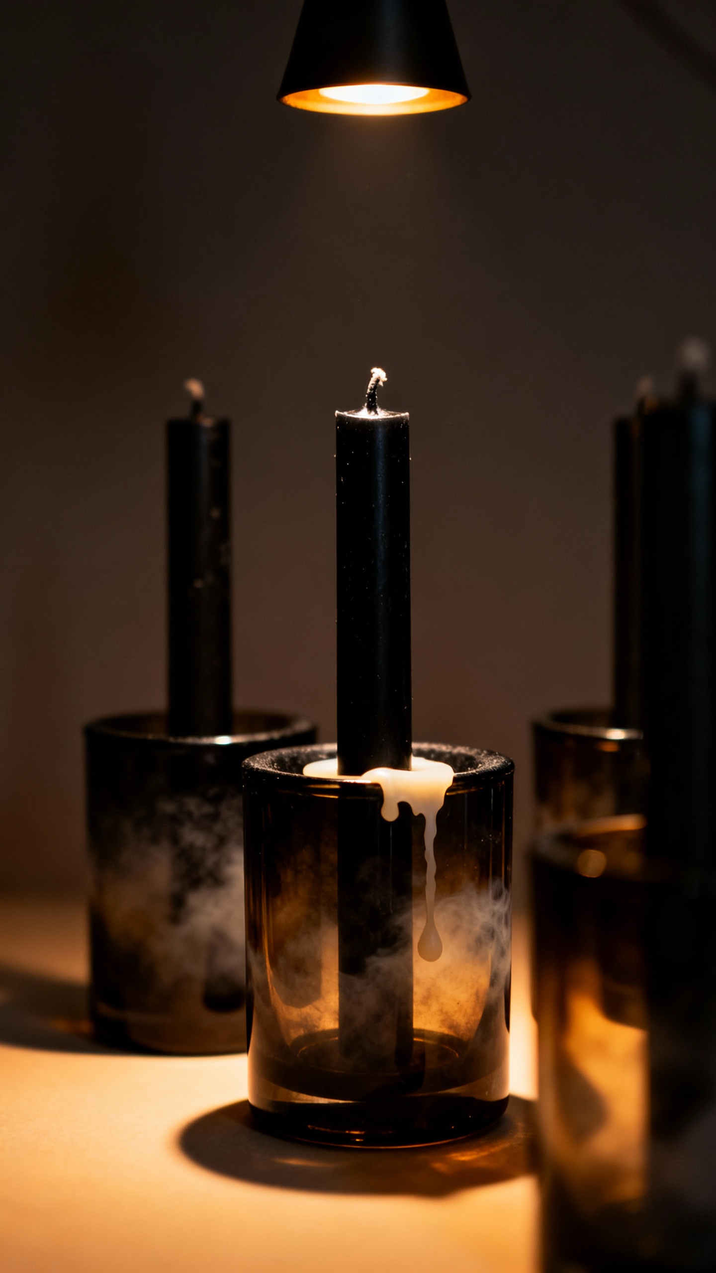 Closeup of black taper candles in smoked glass holders, warm pinspot glow