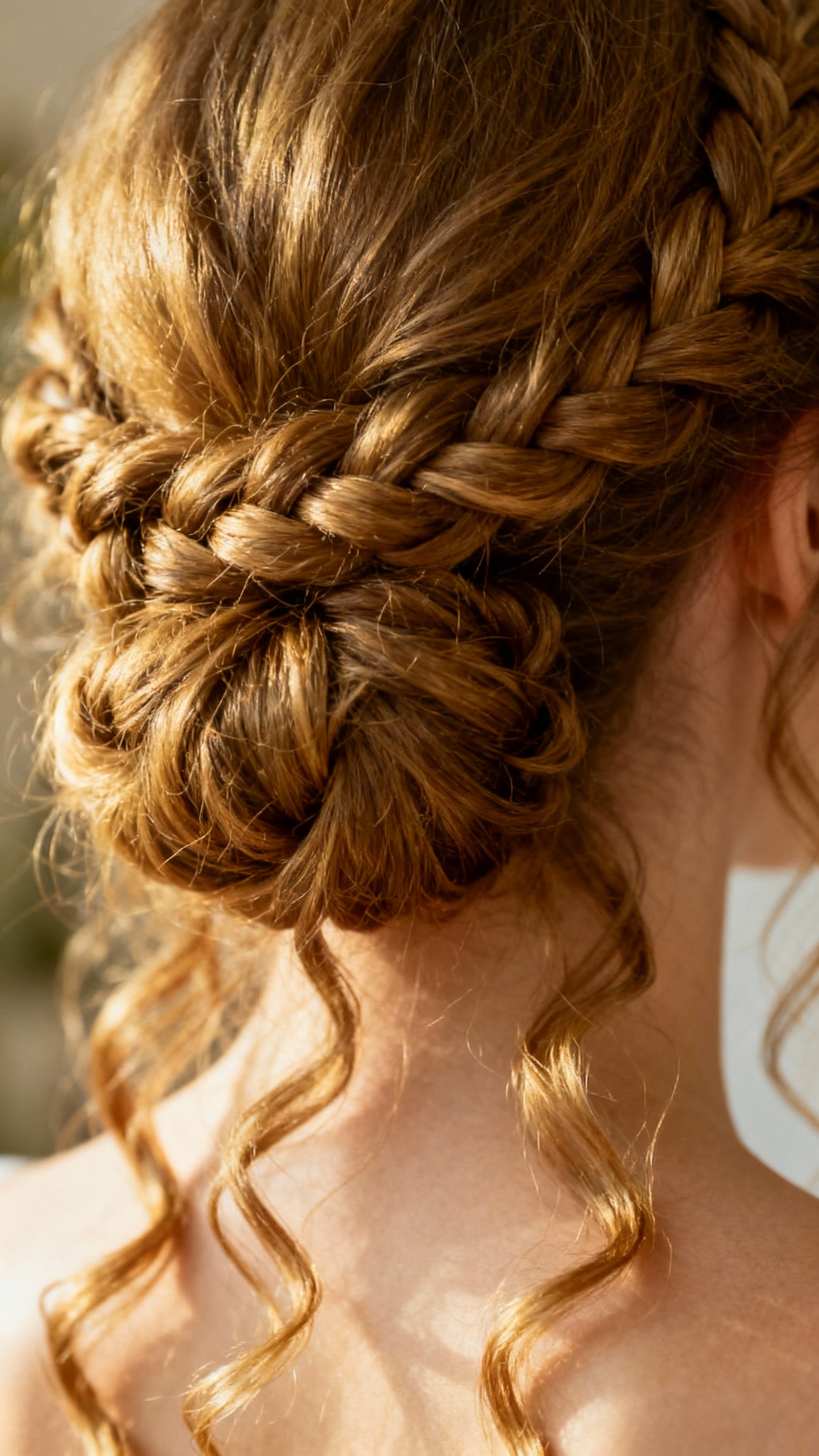 Closeup of braided low chignon with curly tendrils