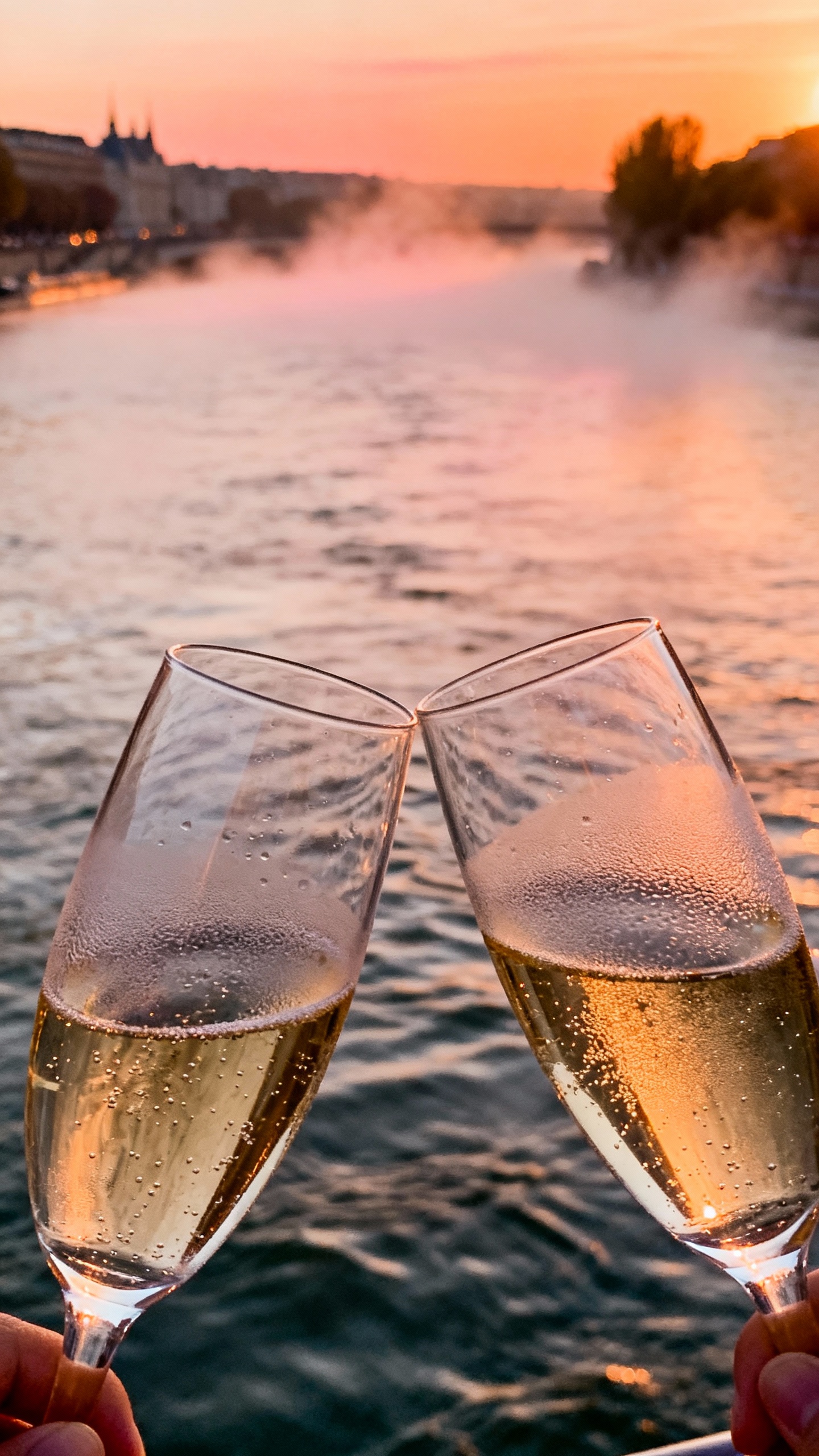 Closeup of champagne flutes clinking at sunrise, Seine ripples, soft mist