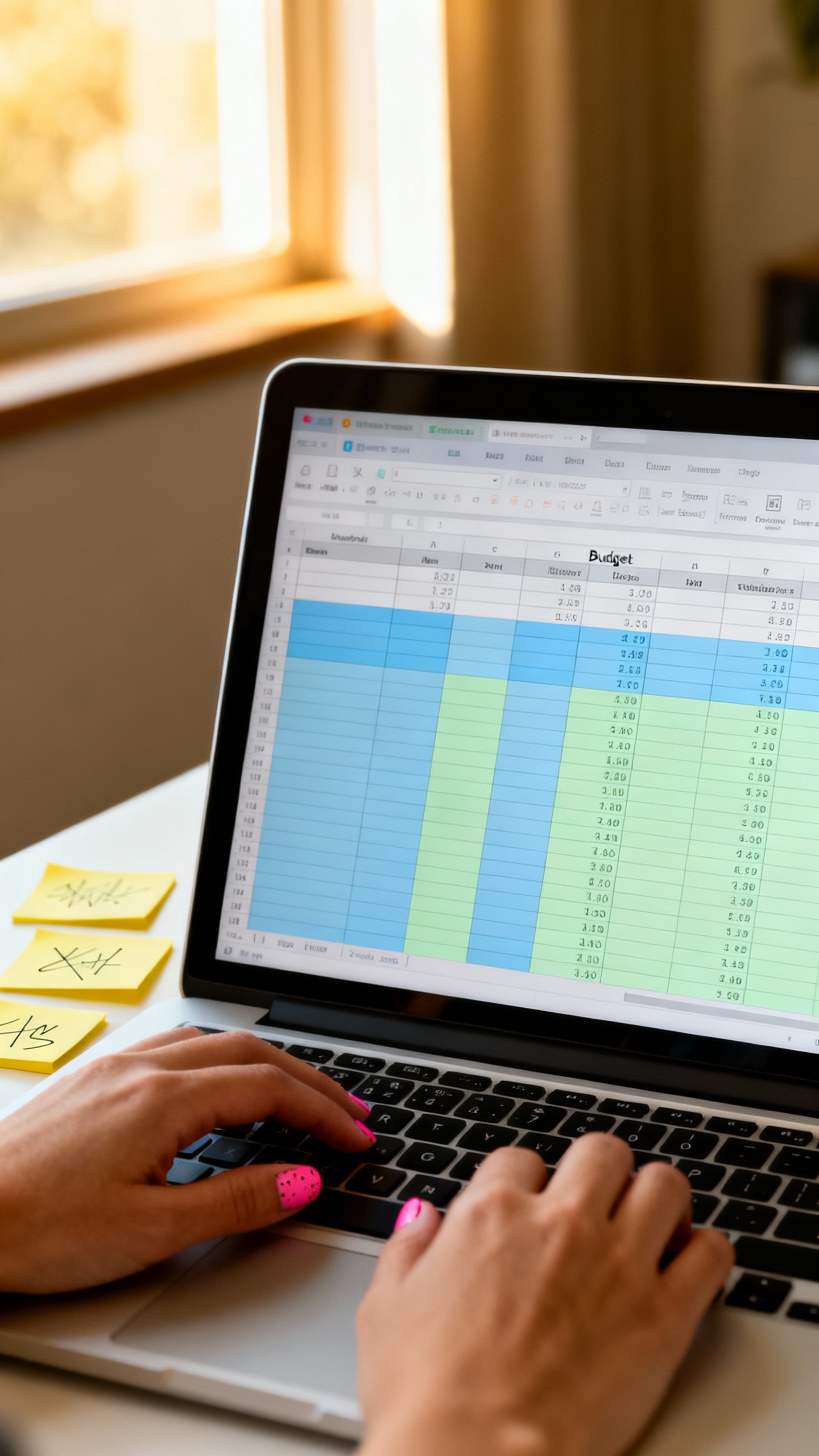 Closeup of color-coded budget spreadsheet on laptop, female hands, sticky notes, soft window light
