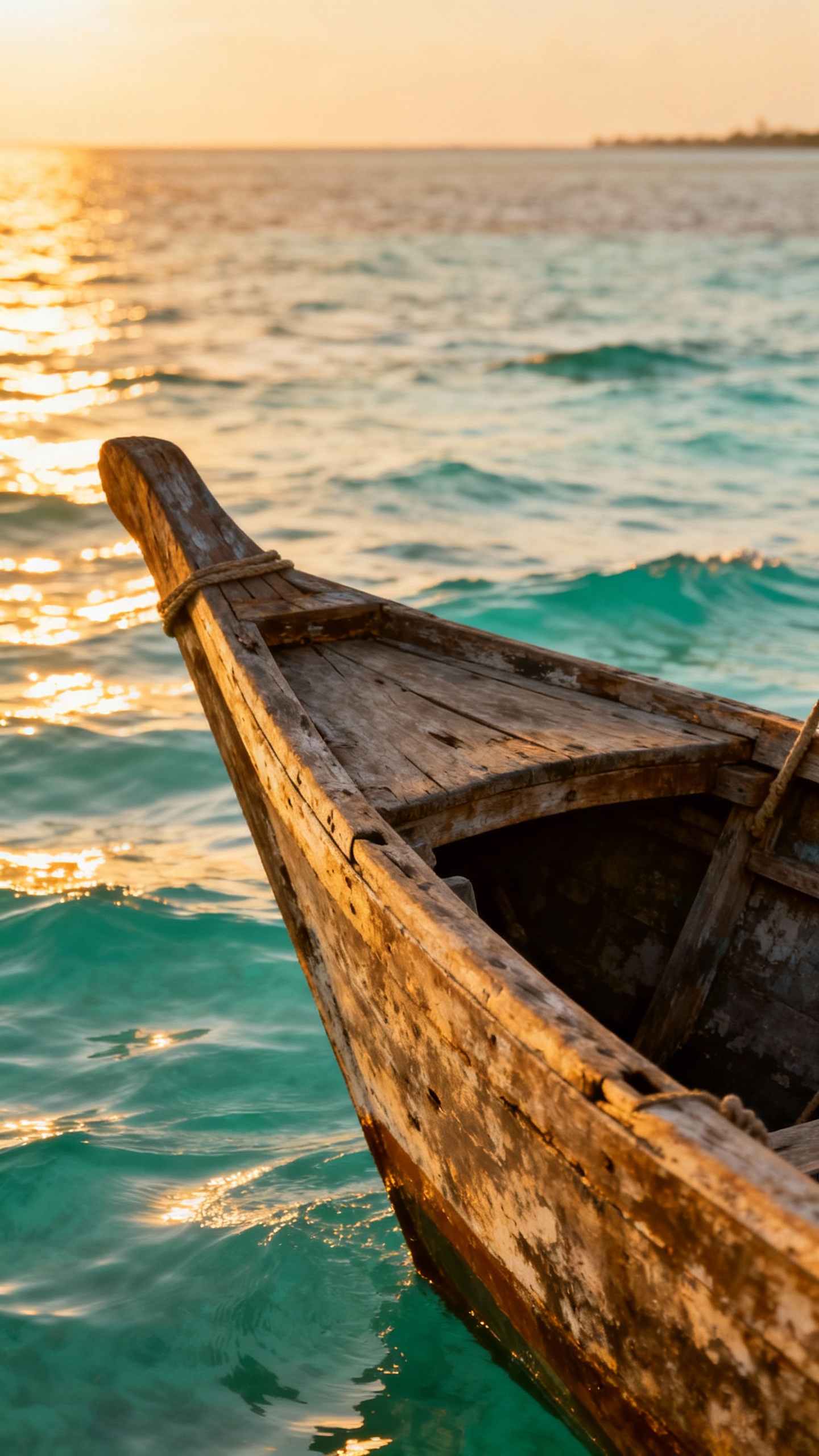 Closeup of dhow boat prow at golden hour, Zanzibar turquoise water
