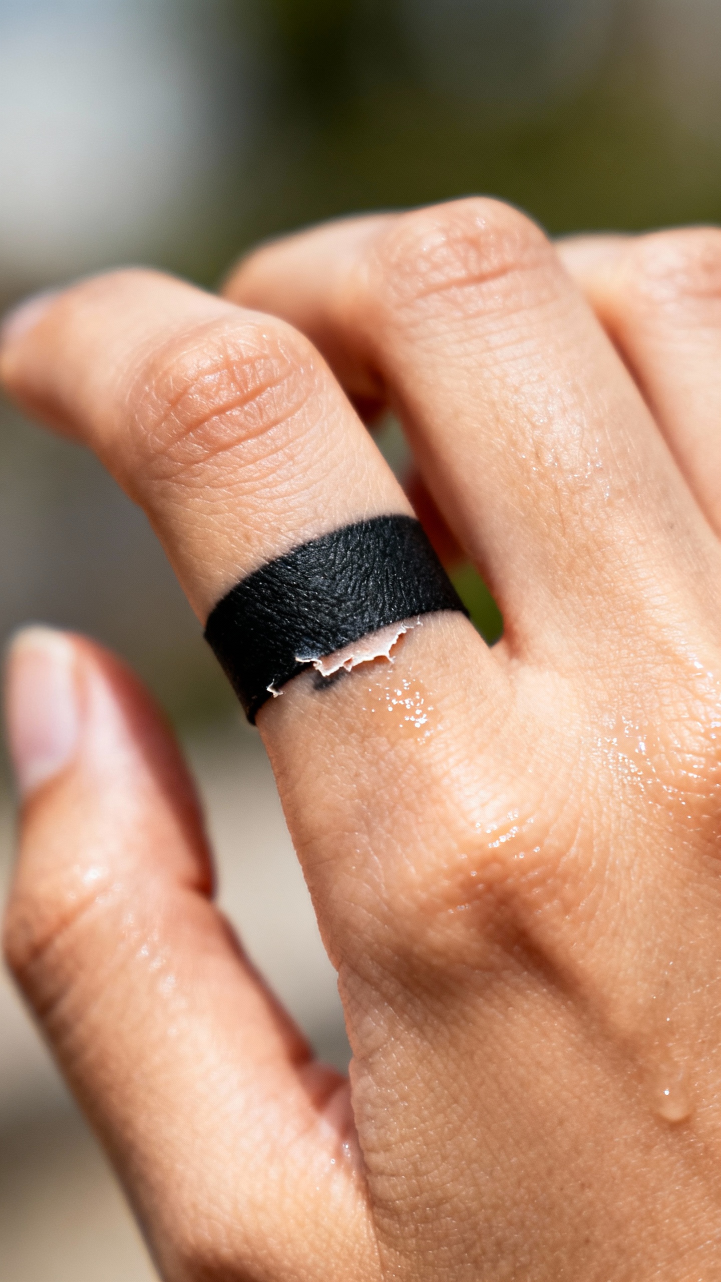 Closeup of female hand top ring finger bold black band tattoo, slightly peeling skin, soft daylight,