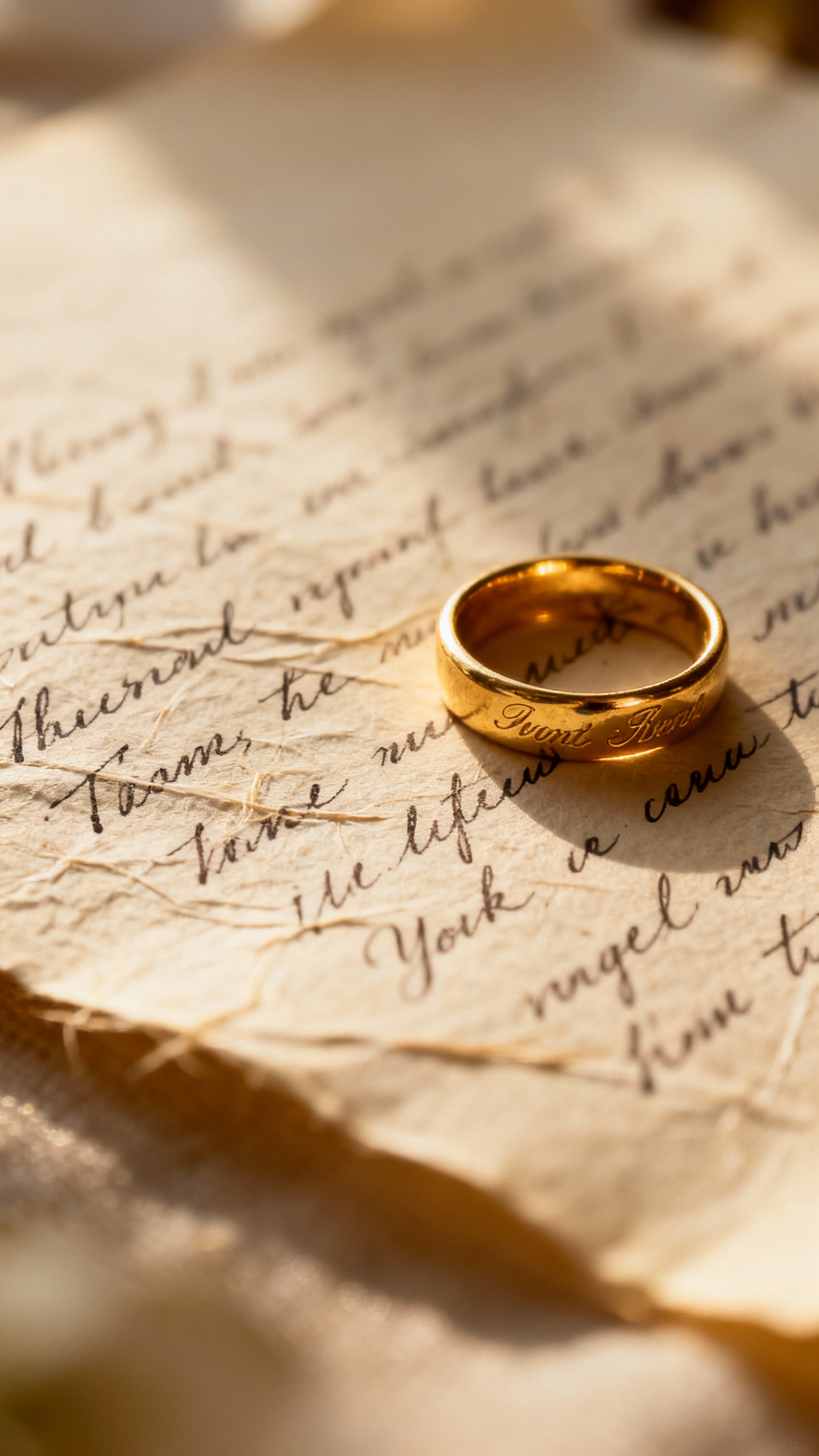 Closeup of handwritten vows on textured paper, gold heirloom ring