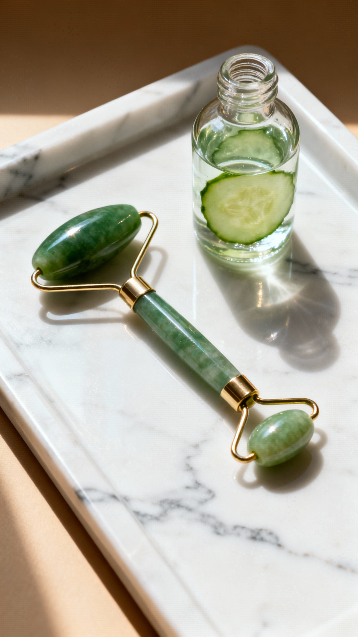 Closeup of jade roller and cucumber water on marble tray, soft spa lighting
