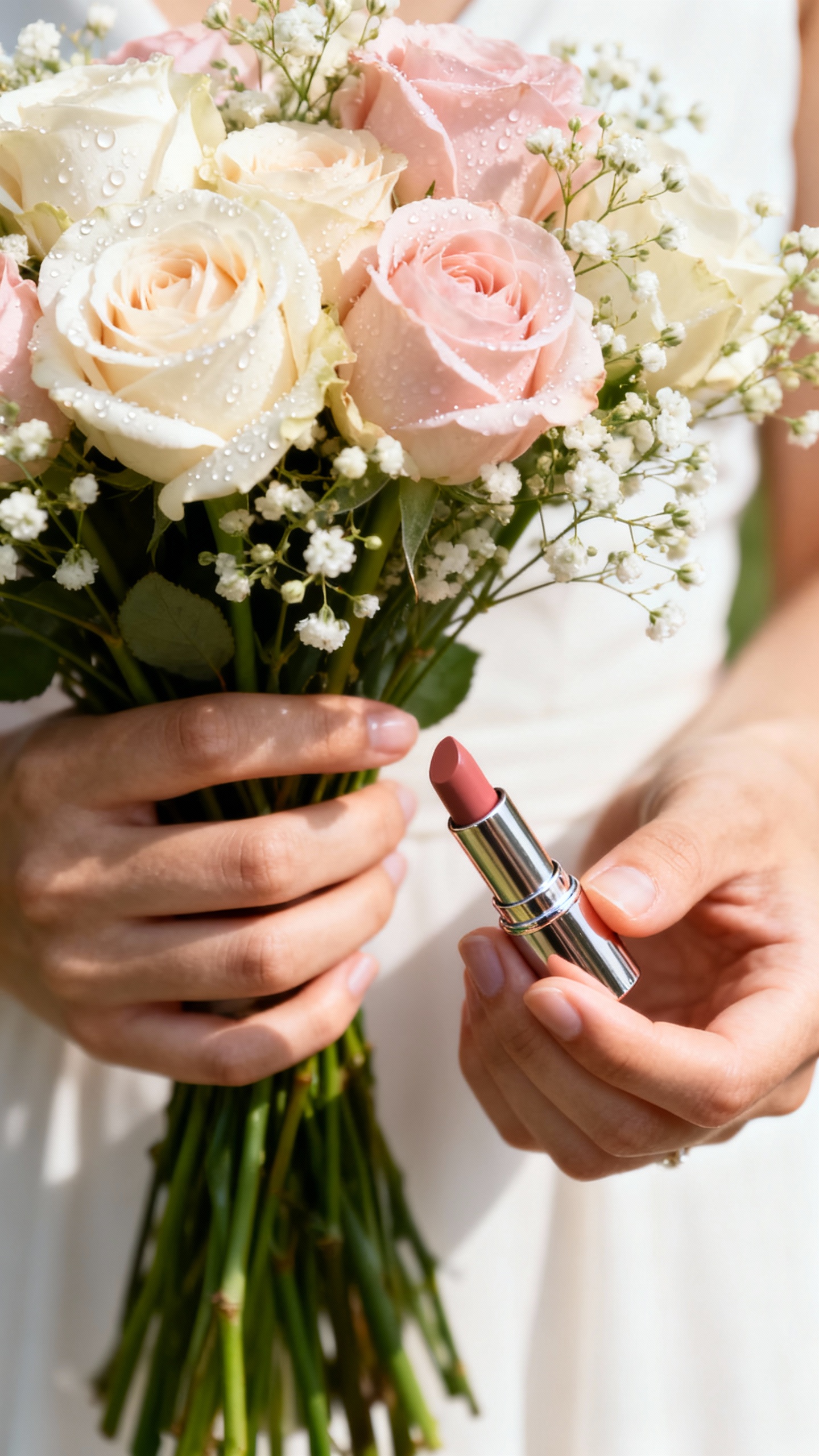 Closeup of maid of honor hands holding bouquet and lipstick