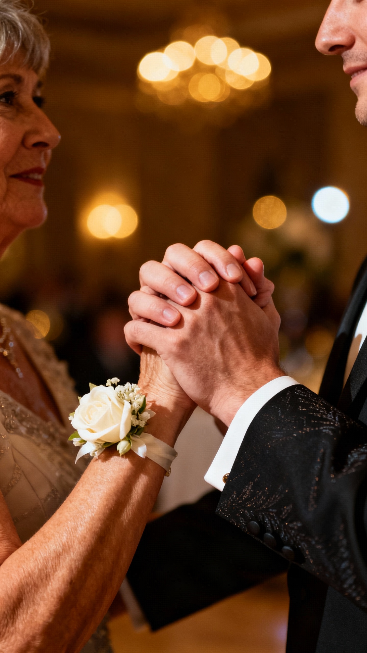Closeup of mother and adult son’s clasped hands during slow dance, soft tuxedo fabric, ivory corsa