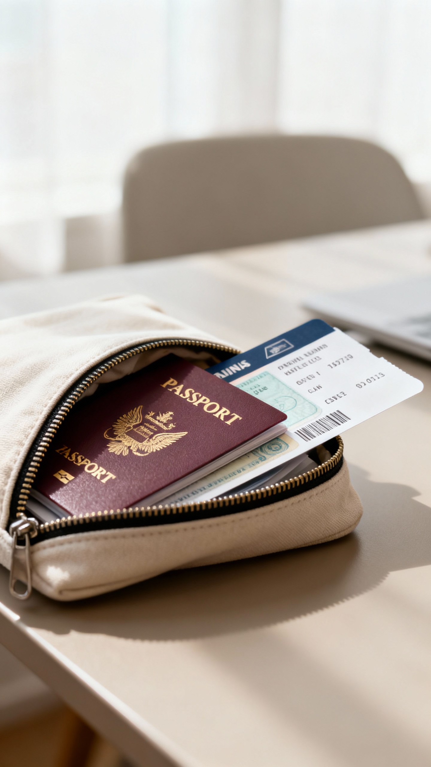 Closeup of passports, visas, boarding passes in zip pouch, neutral desk, soft daylight