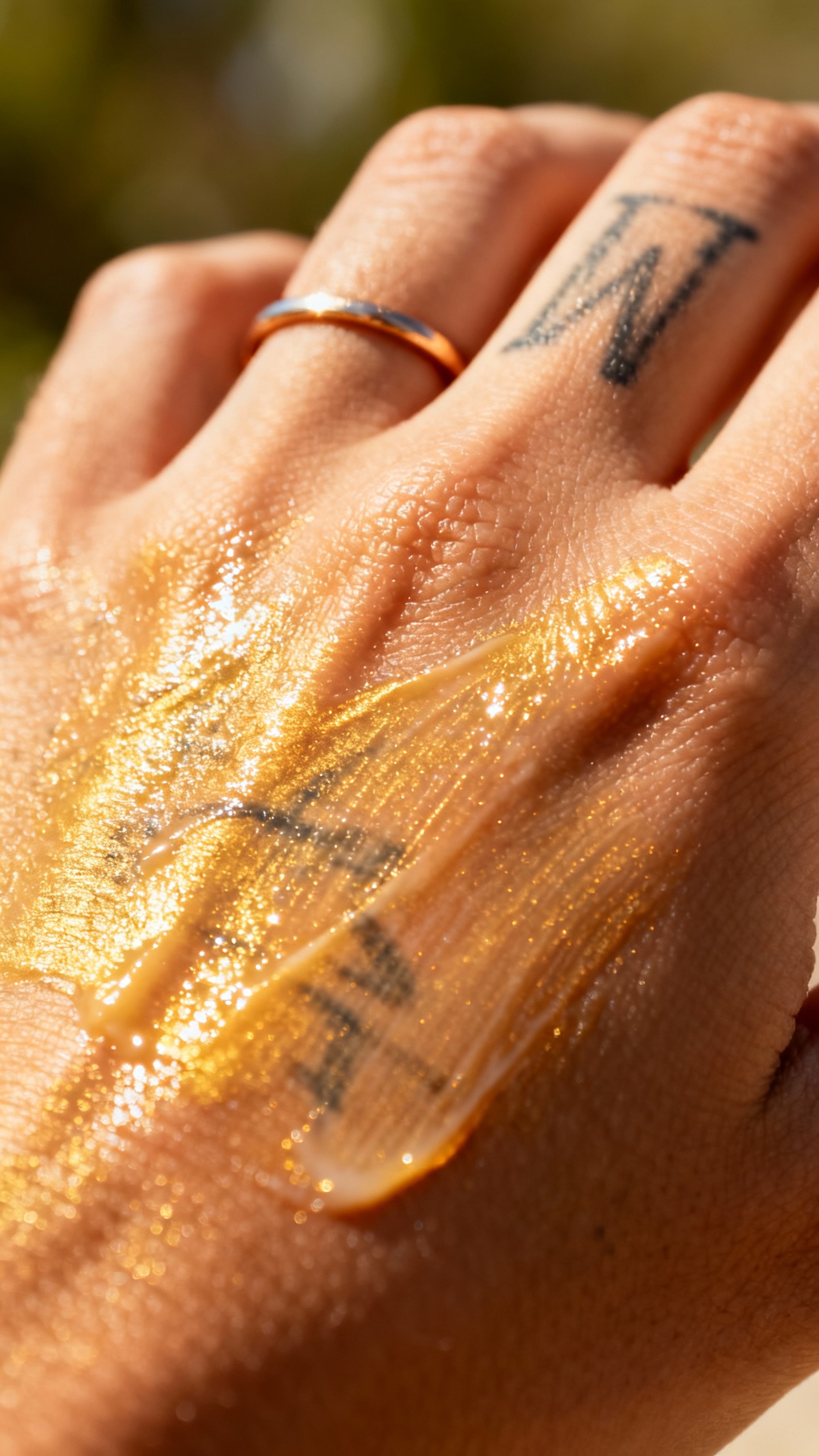 Closeup of sunscreen being applied to healed ring finger tattoo, SPF lotion sheen, outdoor sunlight,