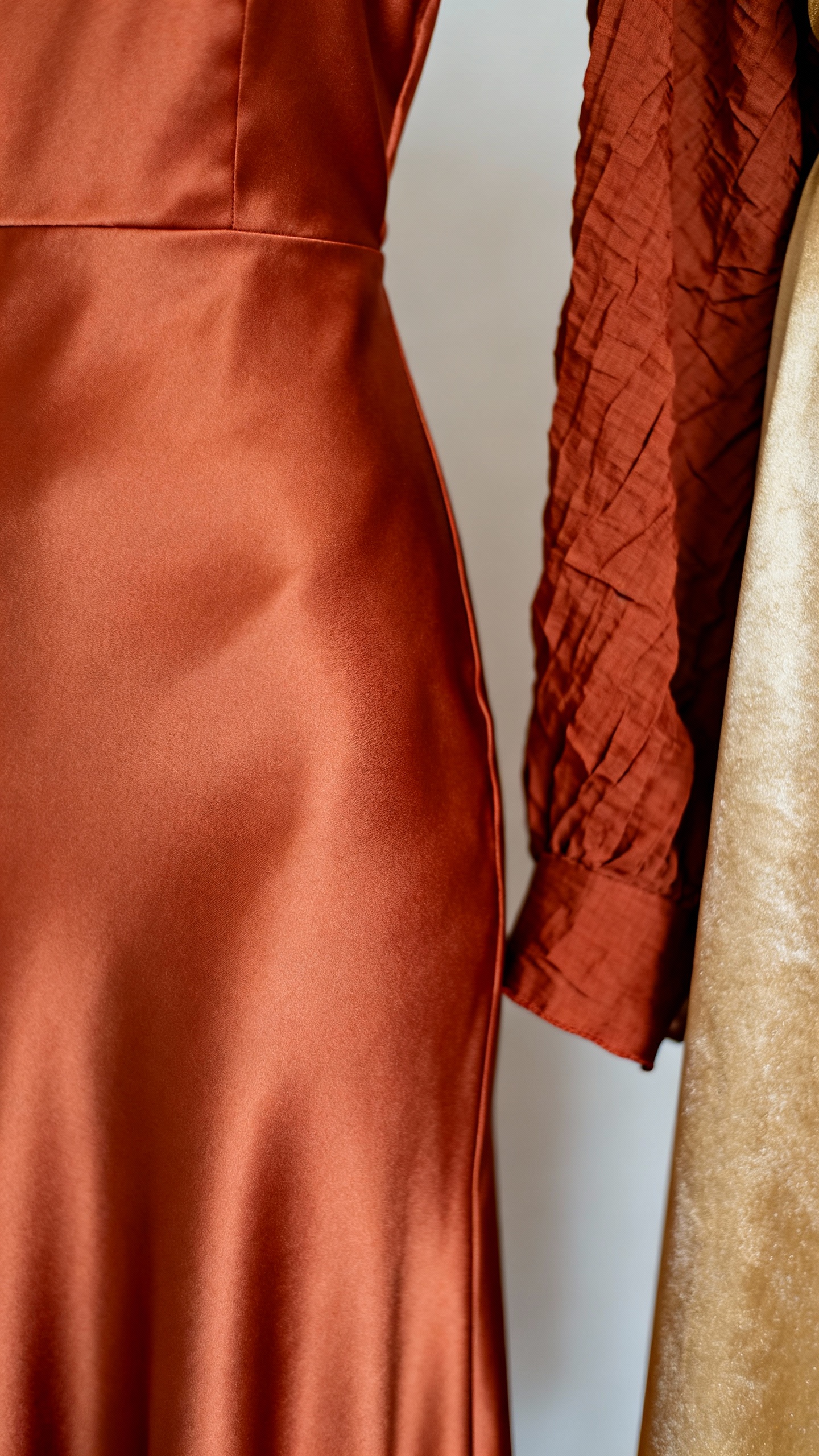 Closeup of terracotta satin dress fabric, rust crepe swatch, champagne swatch