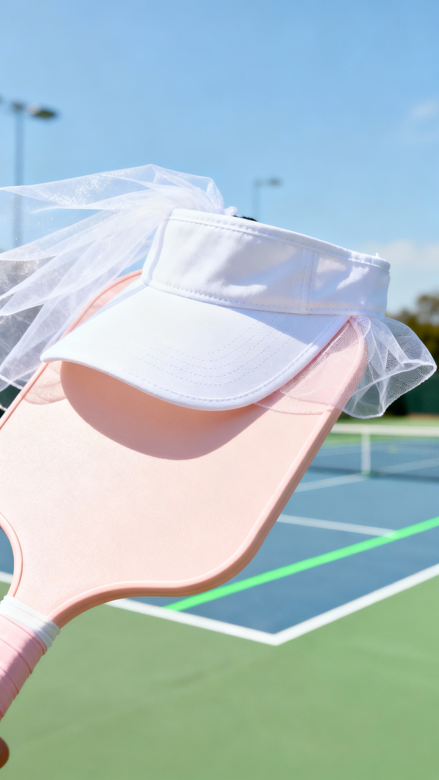 Closeup of white veil visor on pastel pickleball paddle, sunny court