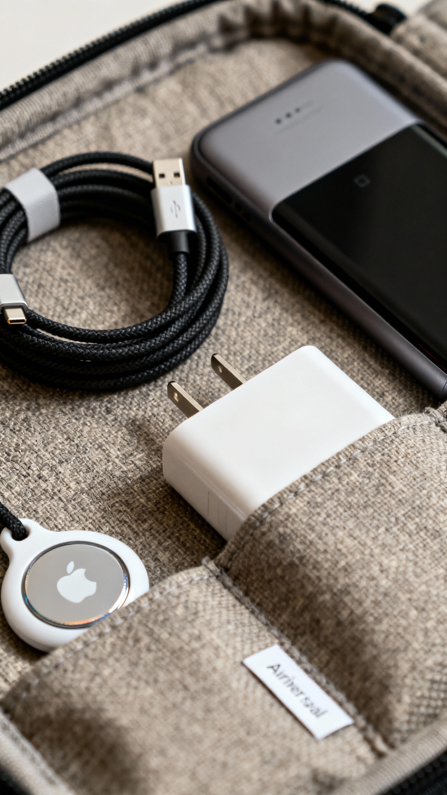 Closeup tech pouch with labeled compartments, coiled USB-C cables, power bank, universal adapter, Ai