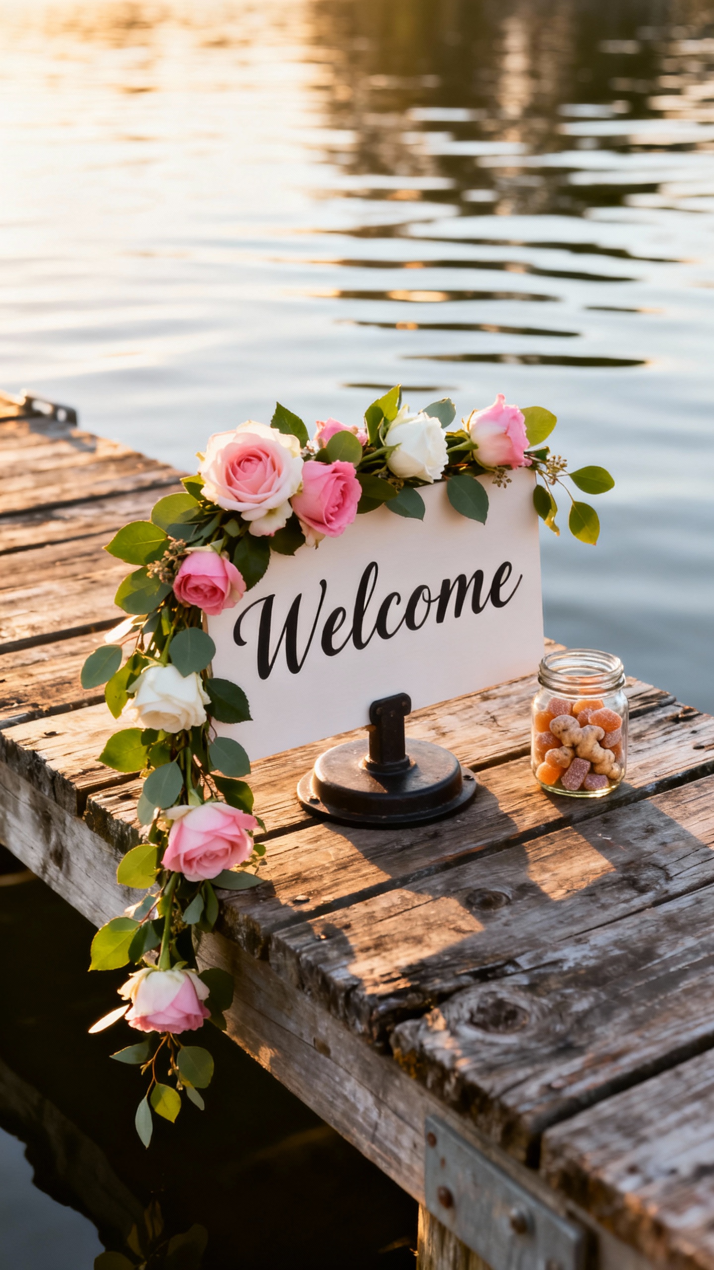 Closeup weighted welcome sign on dock, floral swag, ginger chews, water