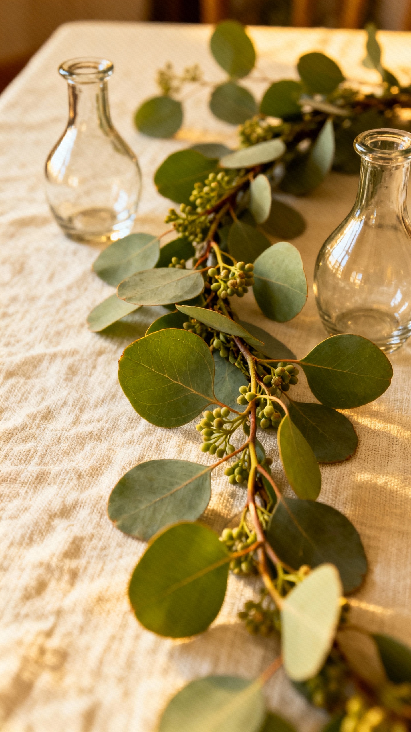 Detail shot eucalyptus garland and bud vases on linen table