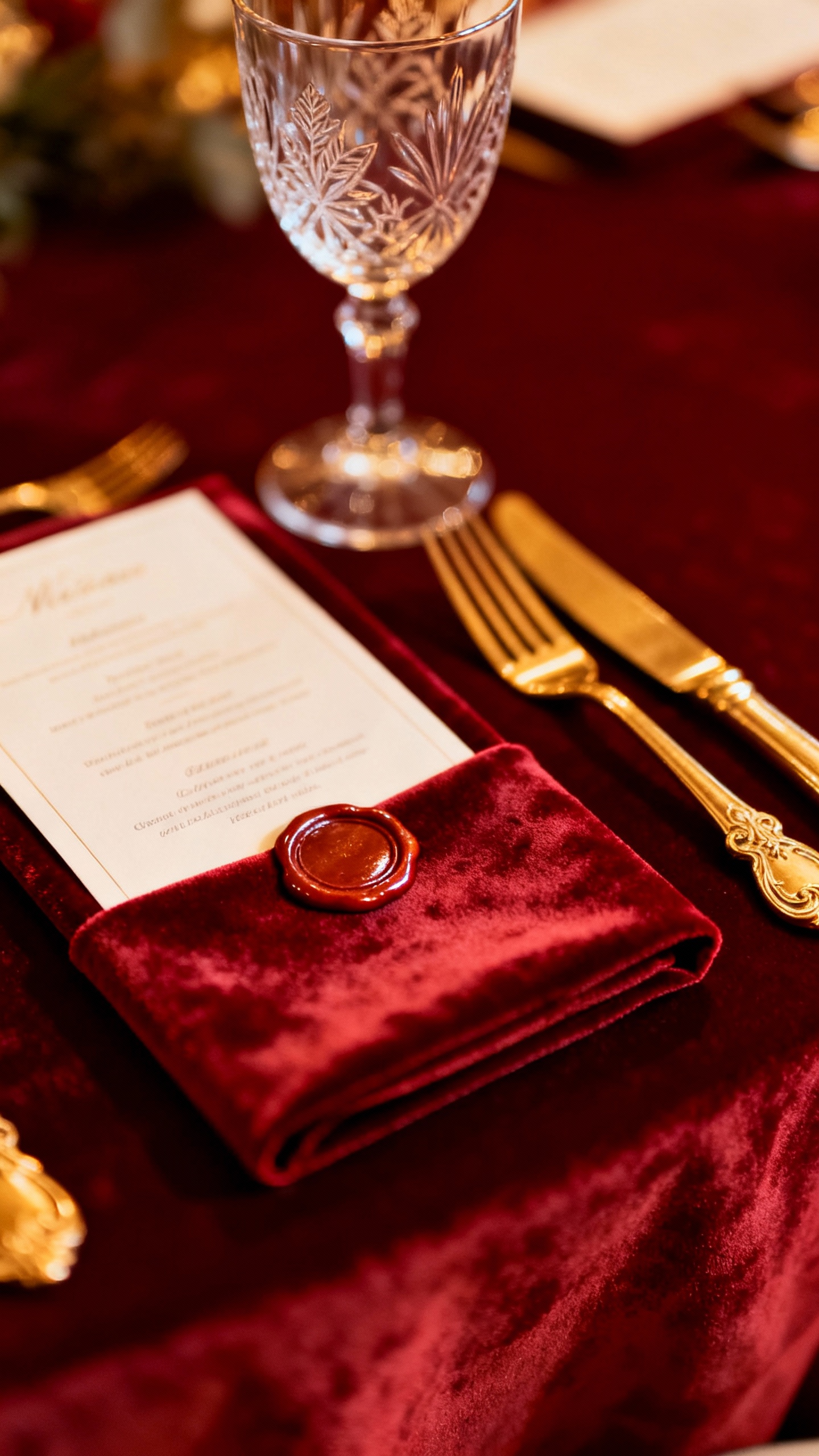 Detail shot of velvet table linen, gold flatware, wax-sealed menu, etched goblet