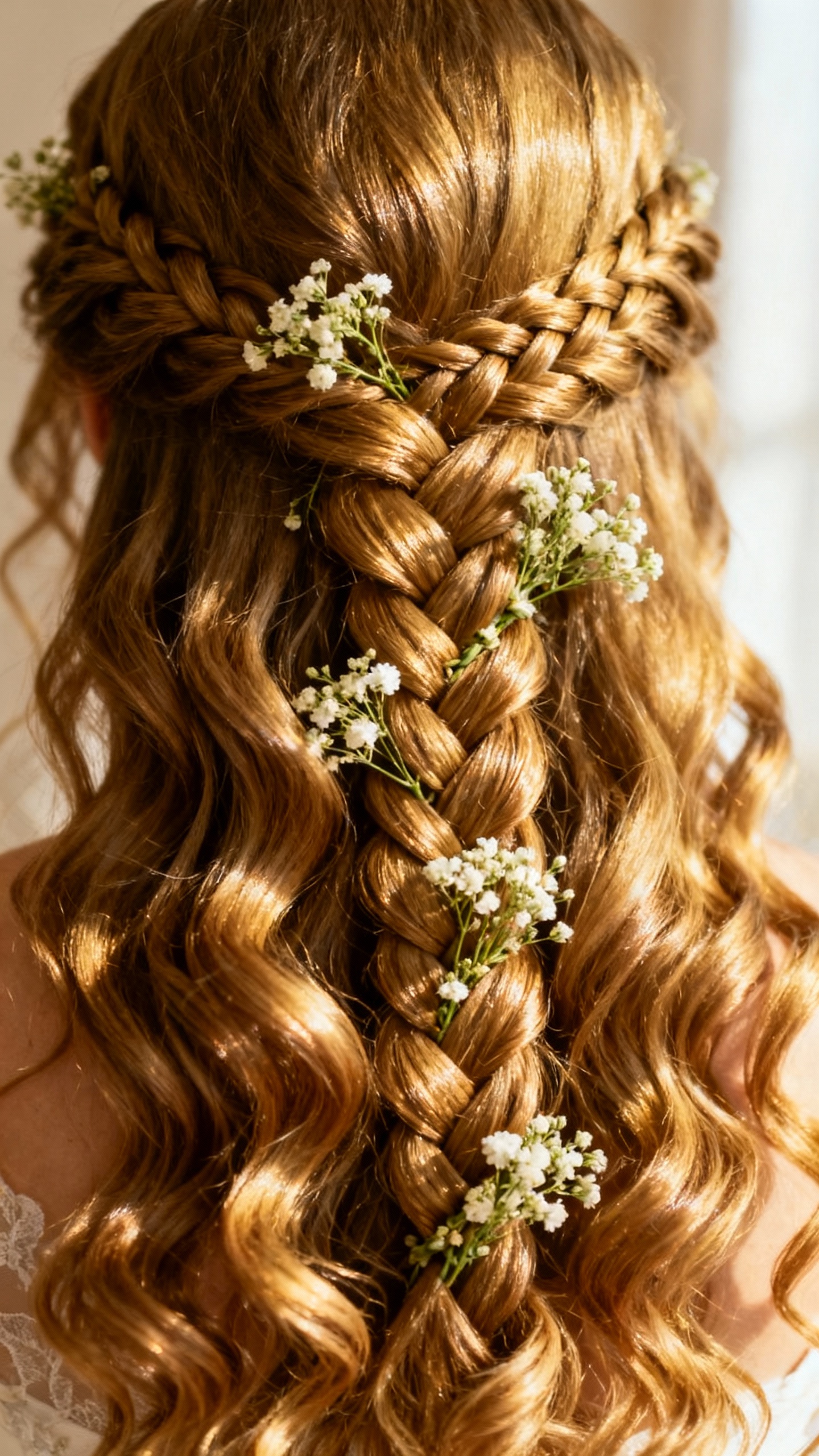 Diagonal lace braid over glossy curls, fresh baby’s breath