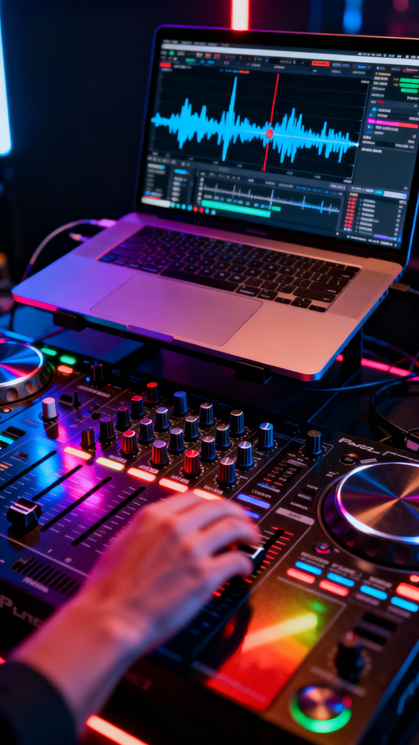 DJ’s laptop waveform view cutting song at bridge, mixer knobs, fader mid-swipe, dark booth, colorf