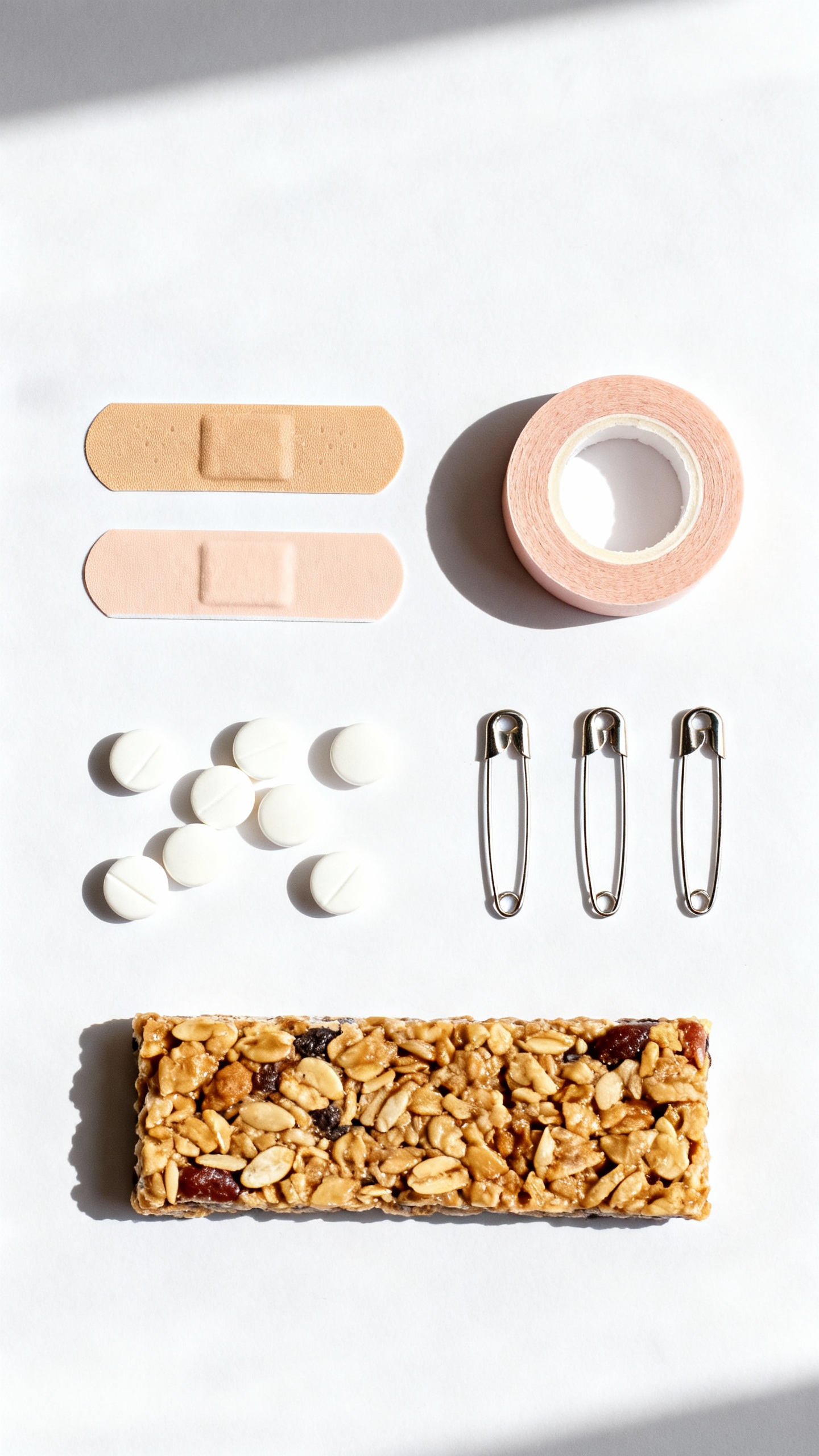 Emergency kit flatlay: band-aids, fashion tape, safety pins, mints, granola bar
