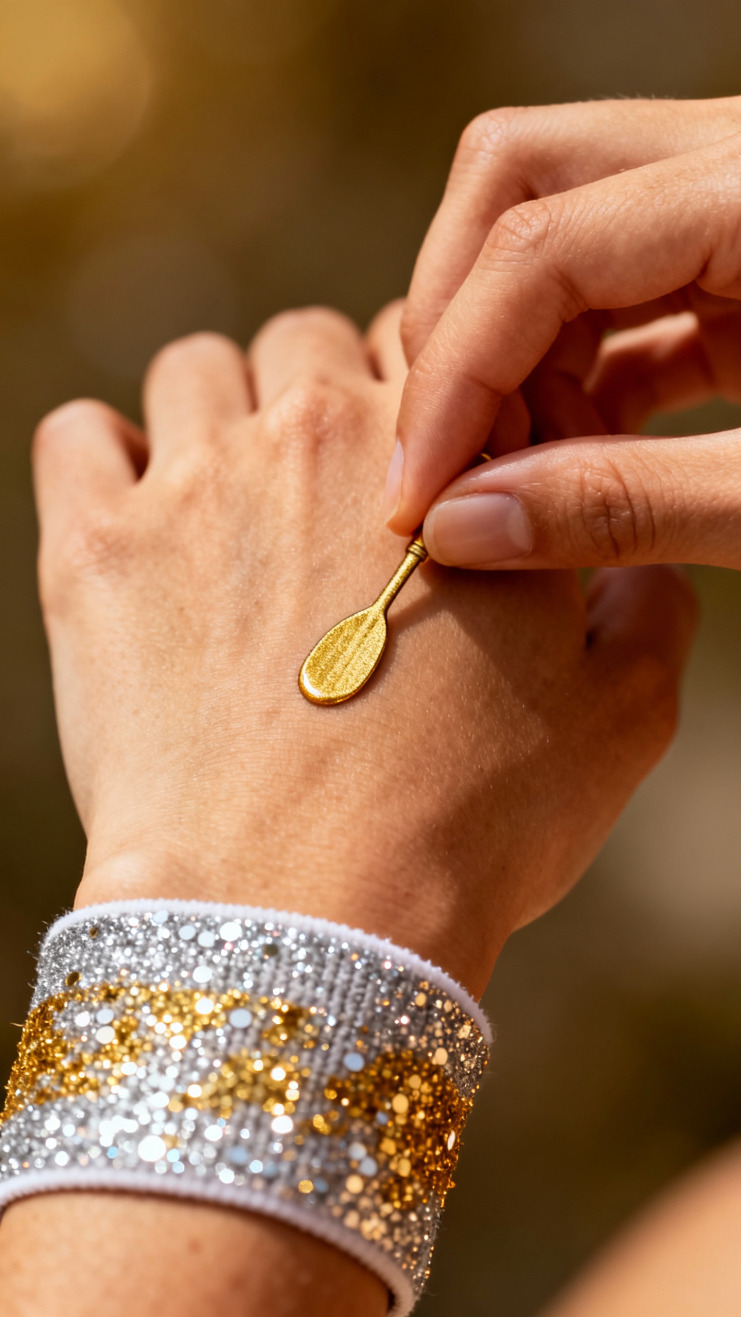 Female hands applying tiny gold paddle temporary tattoo, glittery sweatband
