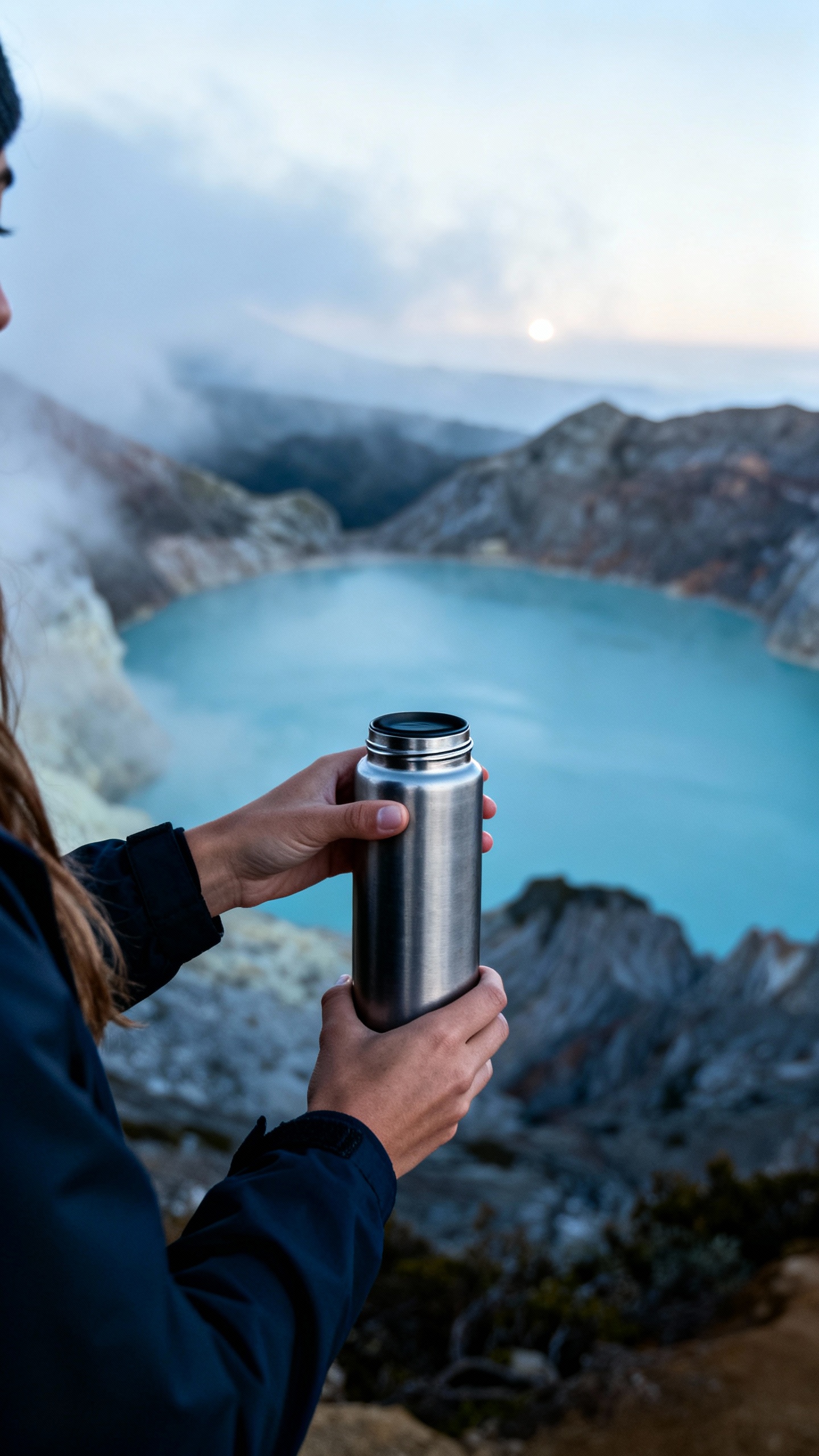Female hands holding thermos at Vista do Rei, misty crater lakes