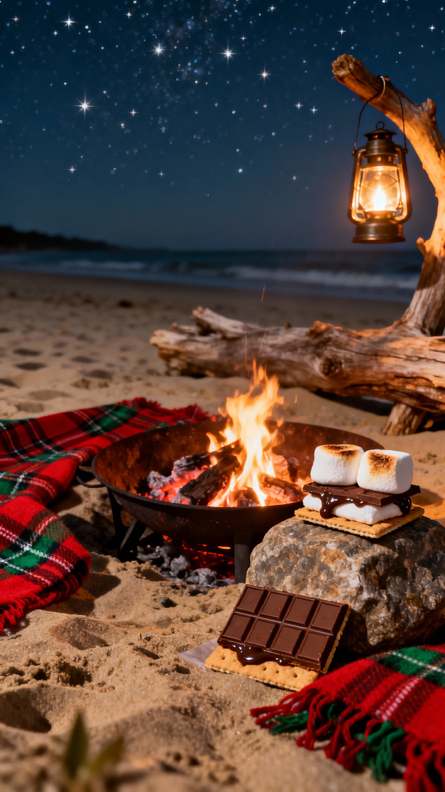 Fire pit with gourmet s’mores, plaid blankets, lanterns, night beach