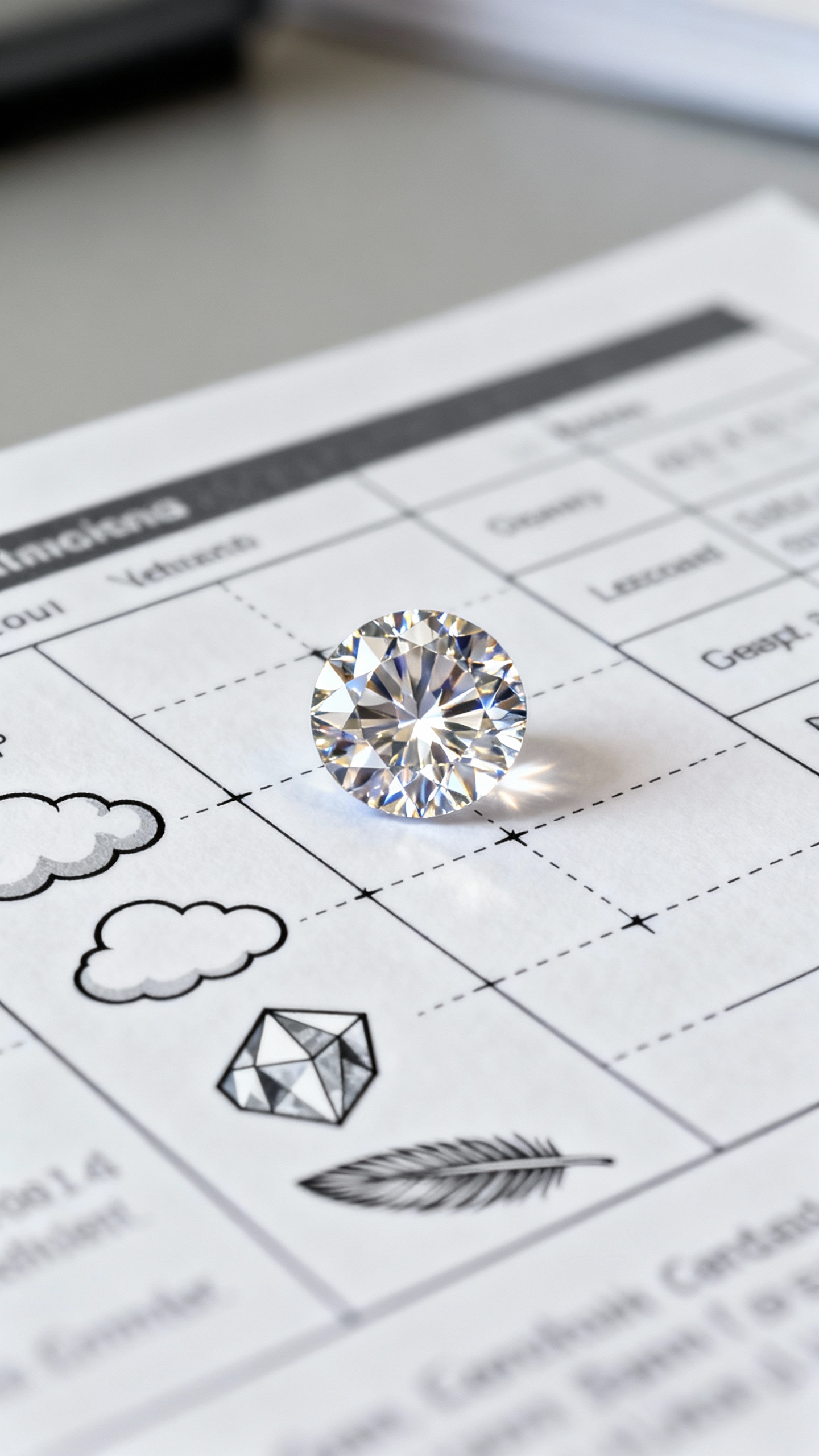 Grading report with plotted inclusions beside round diamond, diffused office light