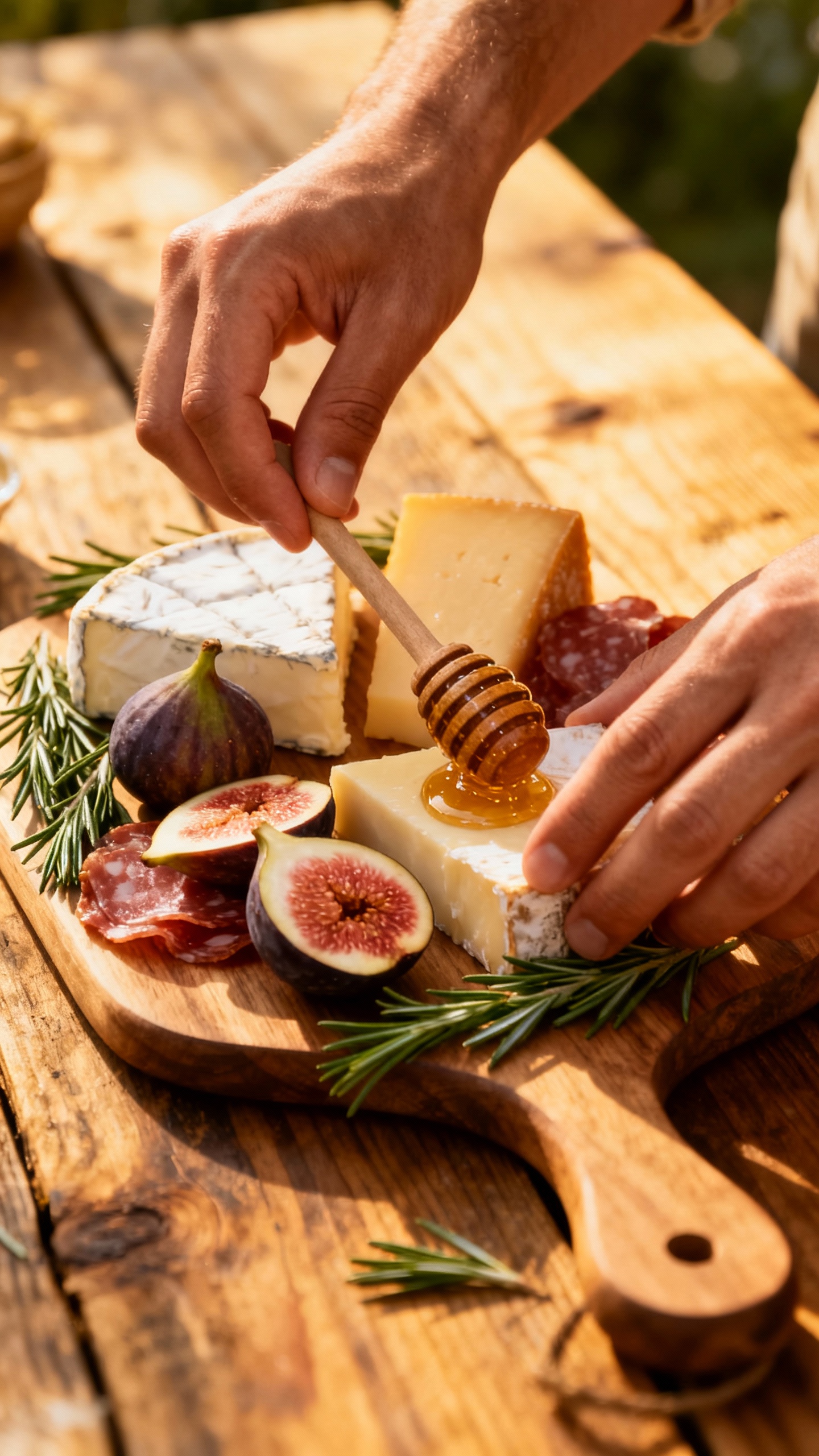 Hands arranging charcuterie: artisan cheese board with figs, honey dipper, rosemary sprigs, rustic w