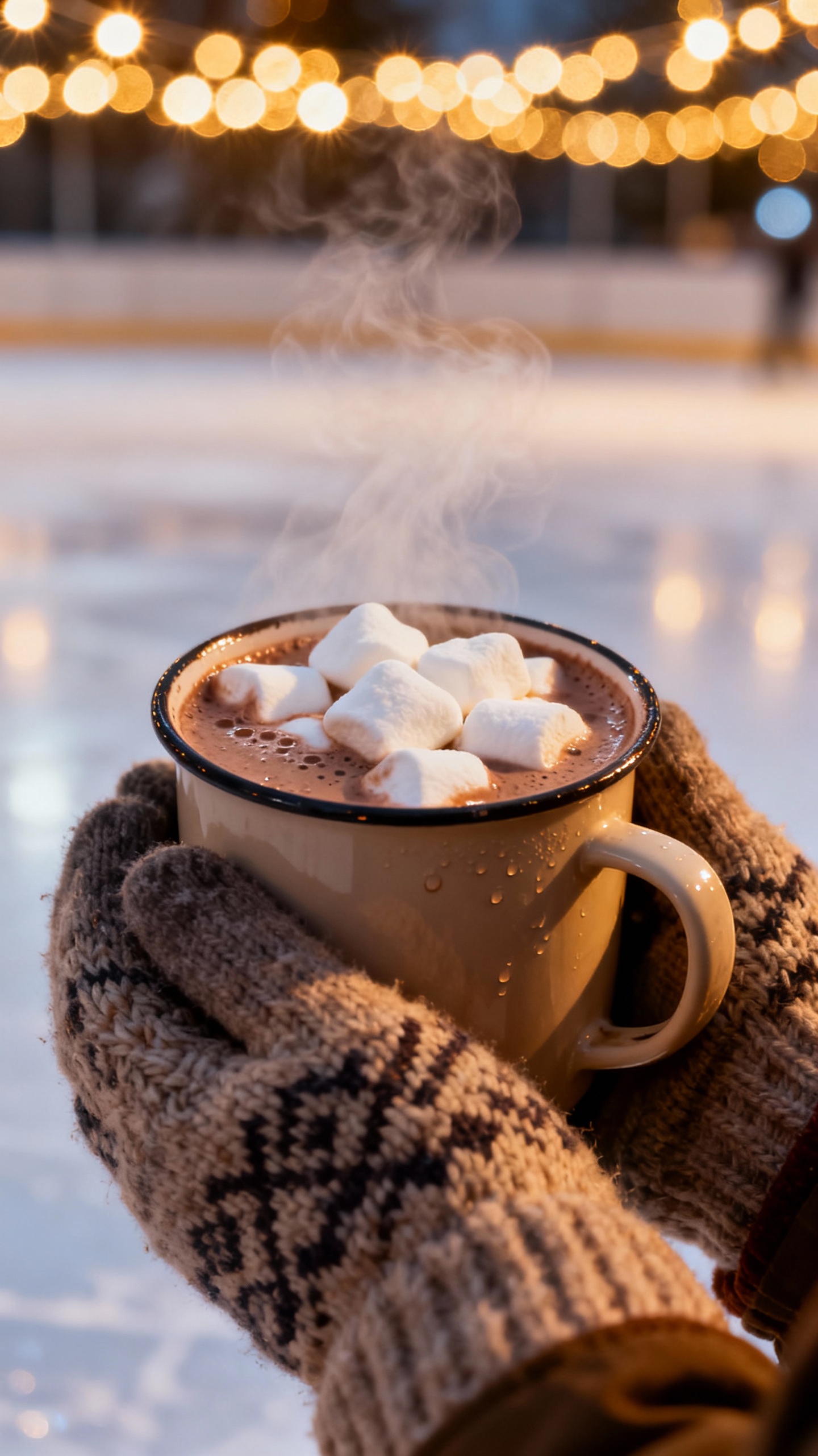 Hands in wool gloves holding steaming hot cocoa with marshmallows, twinkly rink lights bokeh
