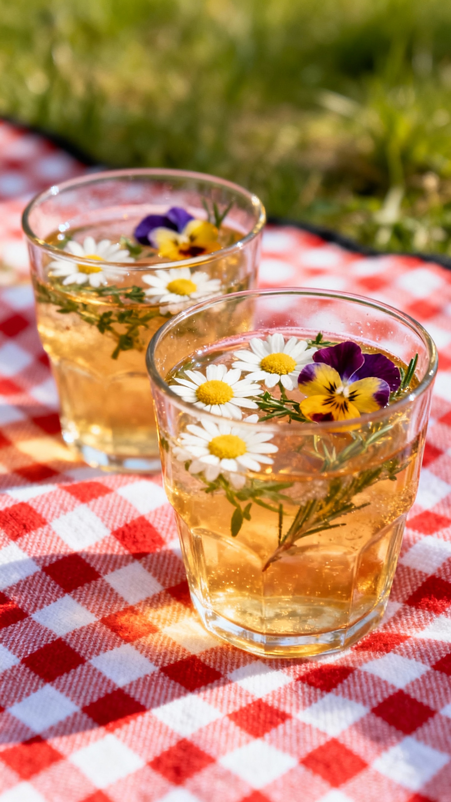 Herb-infused cocktails with edible flowers, gingham picnic blanket