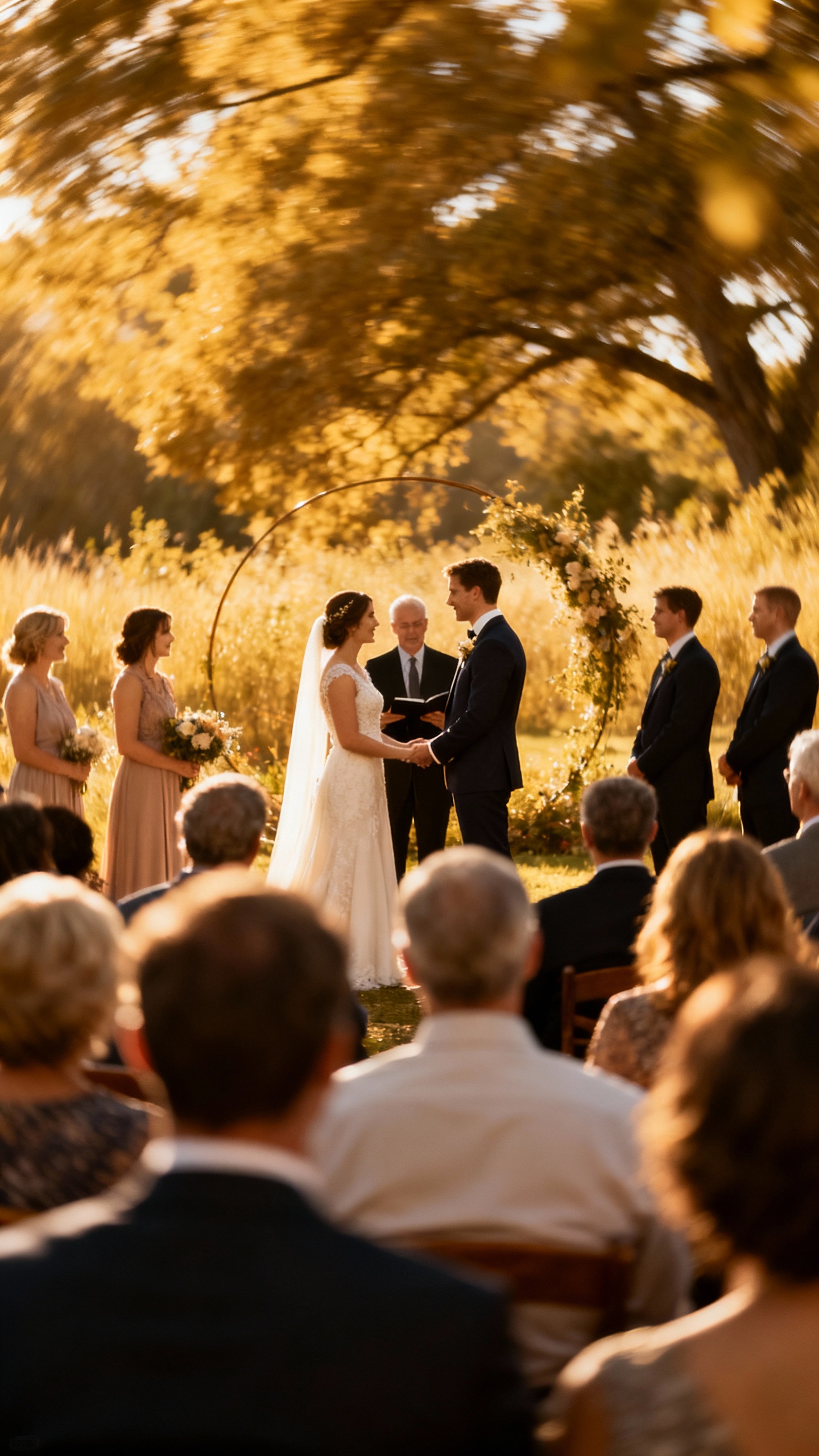 Intimate ceremony-in-the-round, couple centered, guests’ faces softly focused