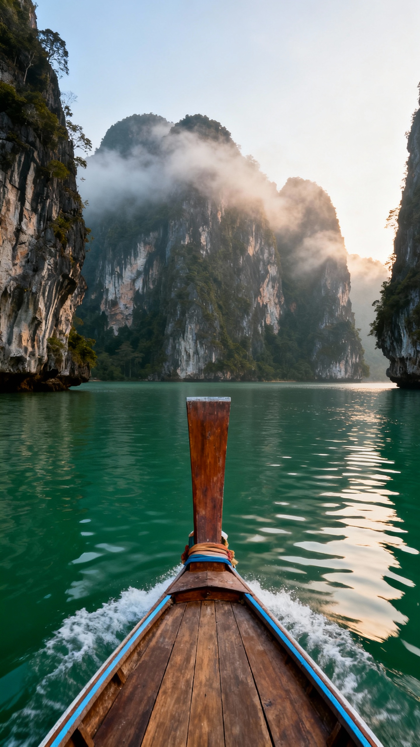 Longtail boat bow slicing emerald Phang Nga Bay, limestone cliffs, morning fog