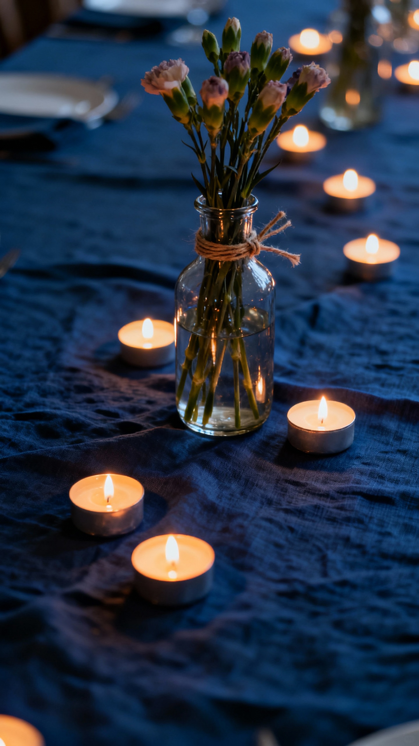 Low navy tablescape, LED candles, bud vases zip-tied, heavy linens