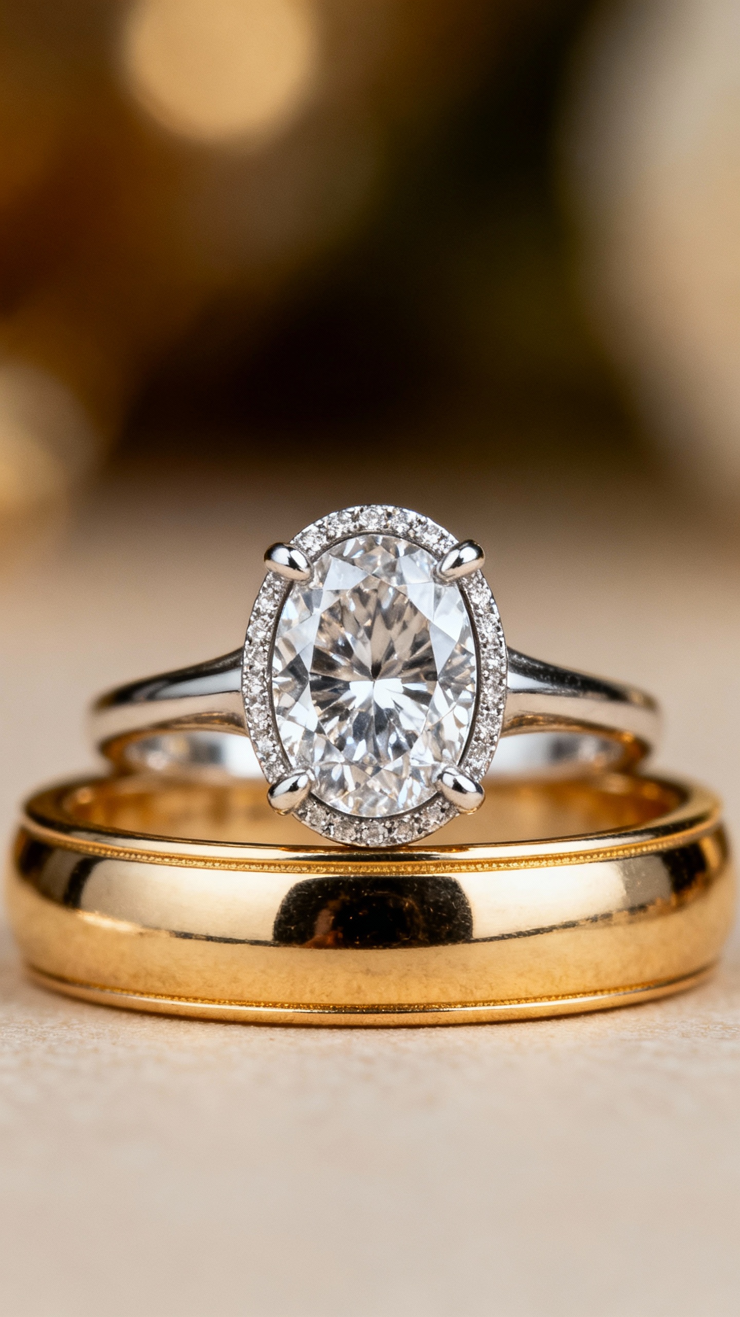 Macro shot east-west oval with hidden halo, platinum head on gold band