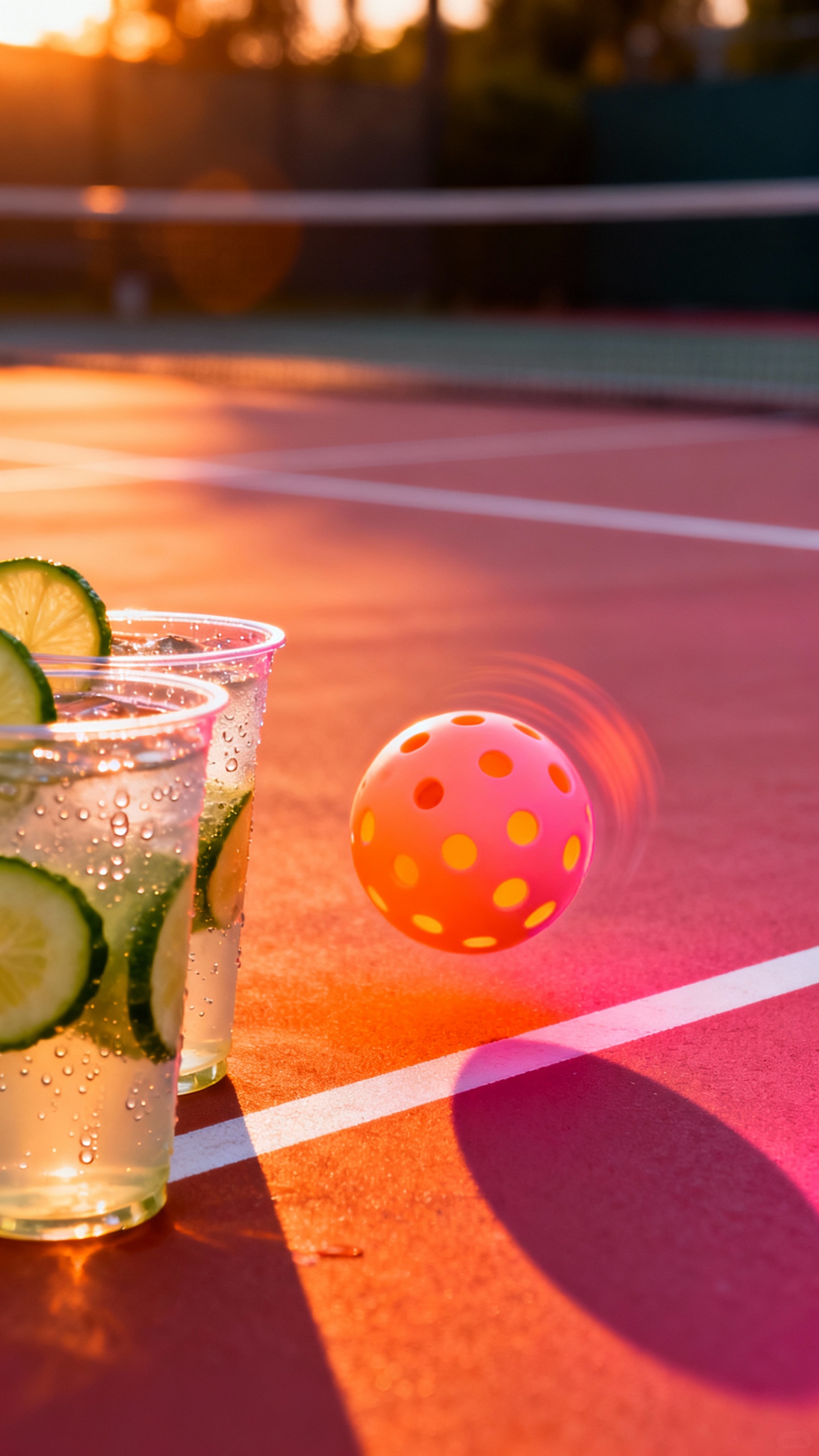 Neon pickleball on outdoor hard court near cucumber lemonade cups, golden hour