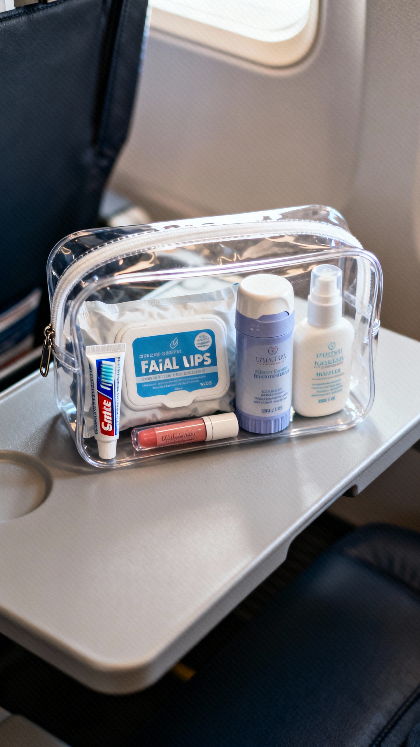 Overhead shot of clear quart toiletry bag with mini toothpaste, facial wipes, deodorant, lip balm, m