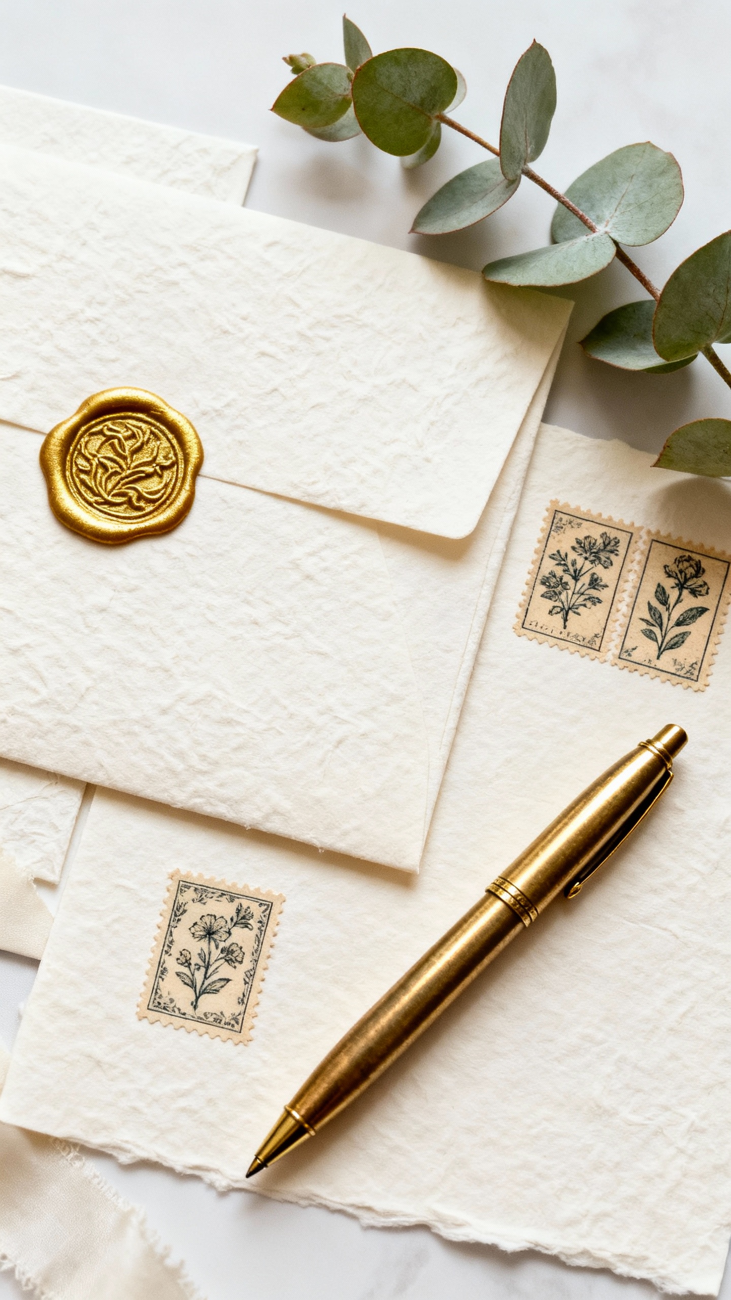Overhead shot of wedding invitation suite with stamps, wax seal, textured paper, brass pen, eucalypt