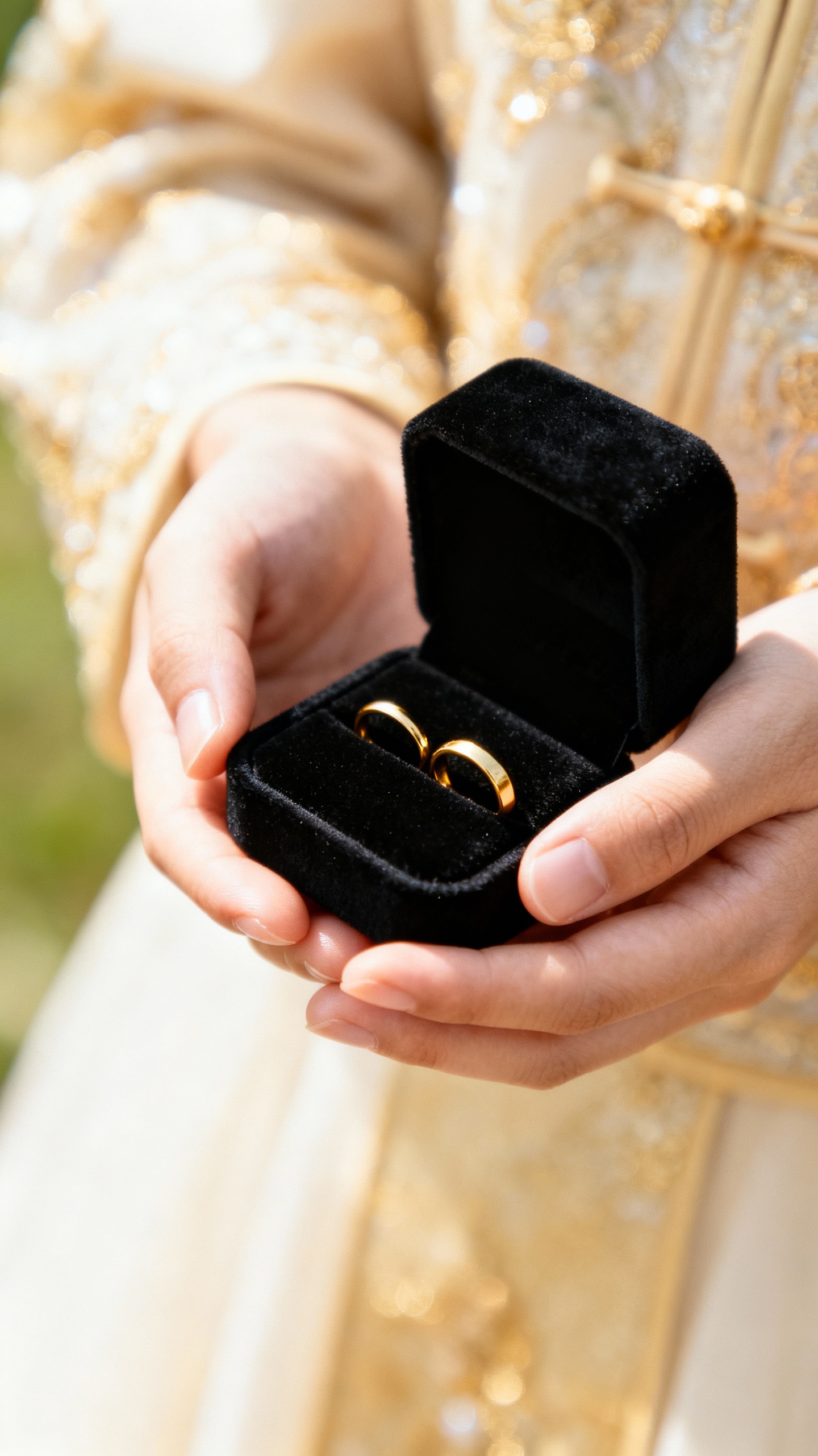 Ring bearer’s small hands presenting wedding rings in velvet box