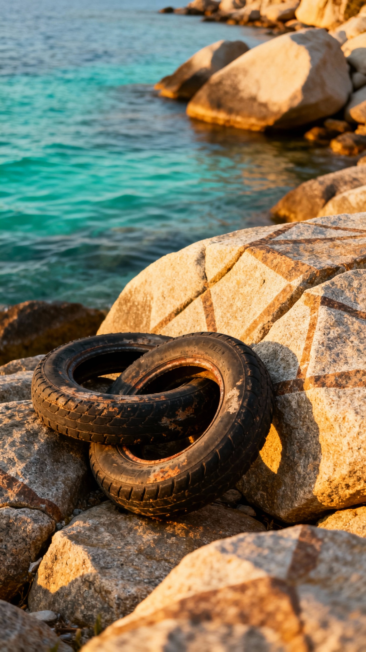 Scooter tires on Kolymbithres granite rocks, turquoise cove