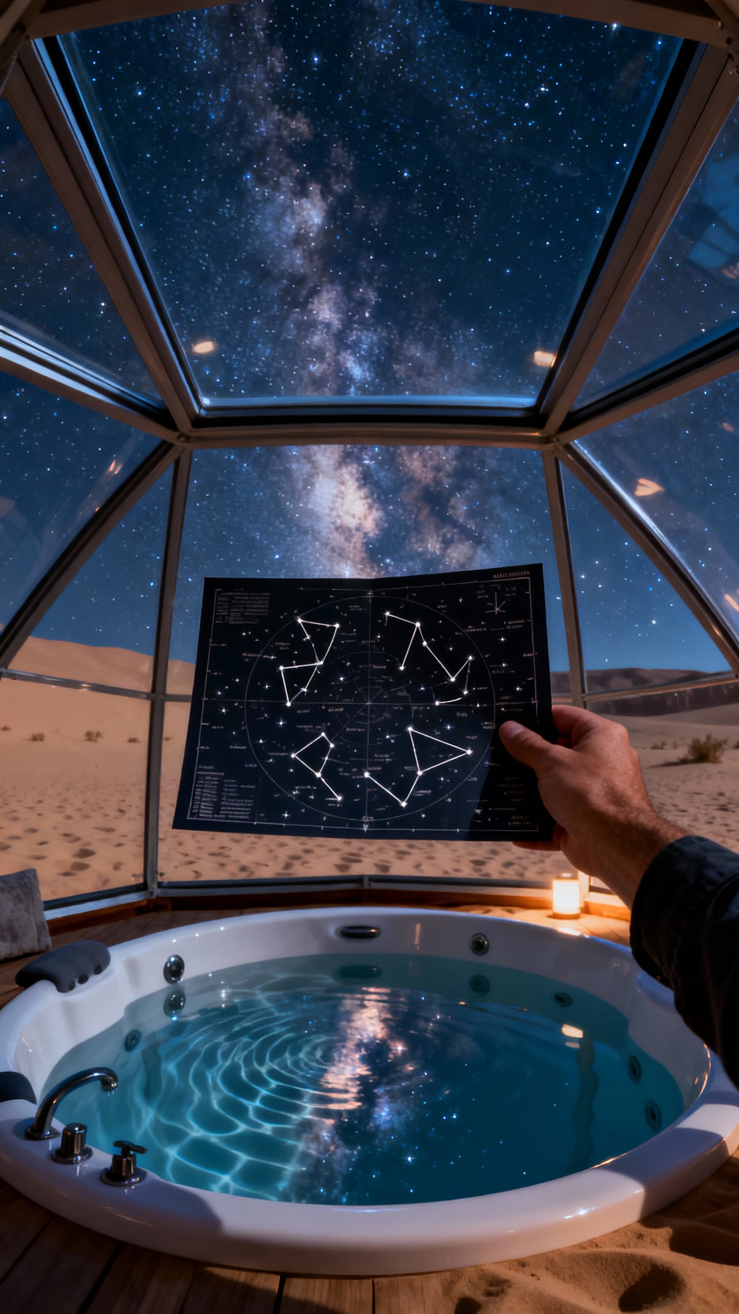 Stargazing from desert eco-dome skylight, male hand holding star map, Milky Way reflected in hot tub