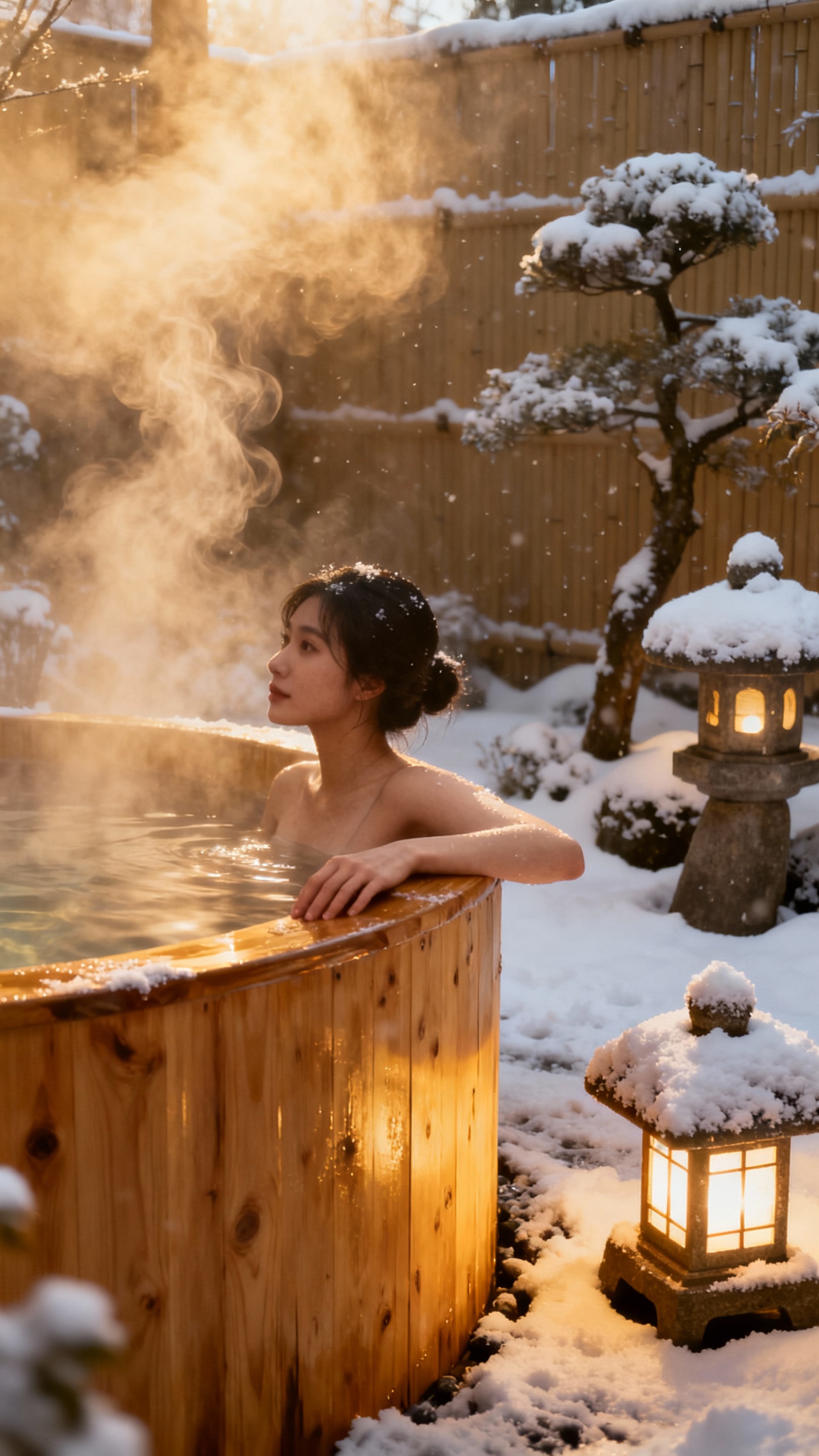 Steam rising from private outdoor onsen, female hand on cedar rim, snowy Japanese garden lanterns