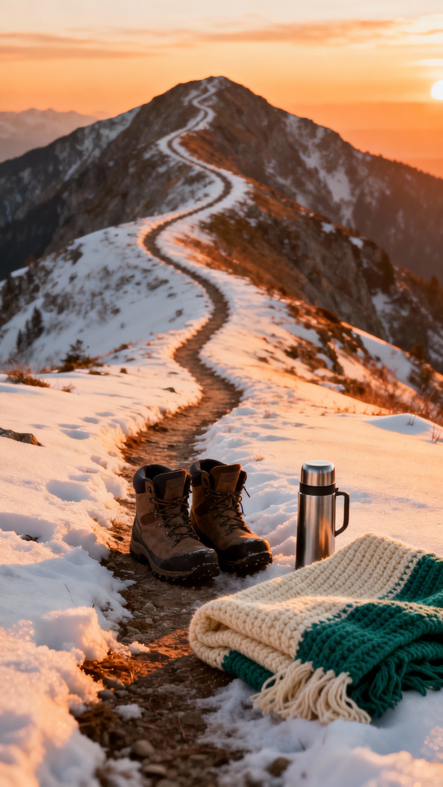 Sunrise mountain ridge, couple’s boots on snowy trail, thermos and knit blanket nearby