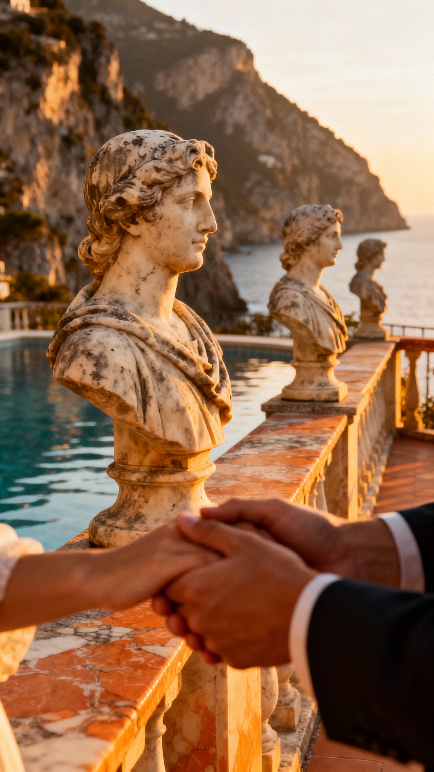 Terrace of Infinity marble busts, Amalfi cliffs at golden hour, engaged couple’s hands